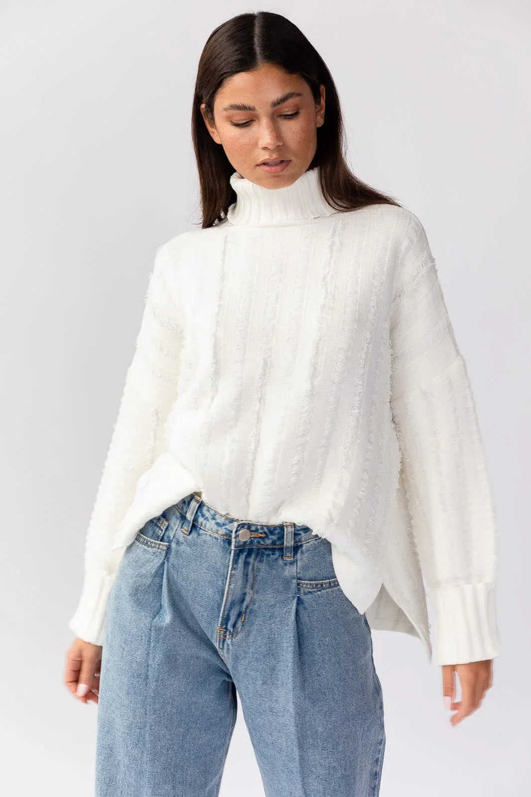 Dana Turtleneck Fringe Knit Sweater White