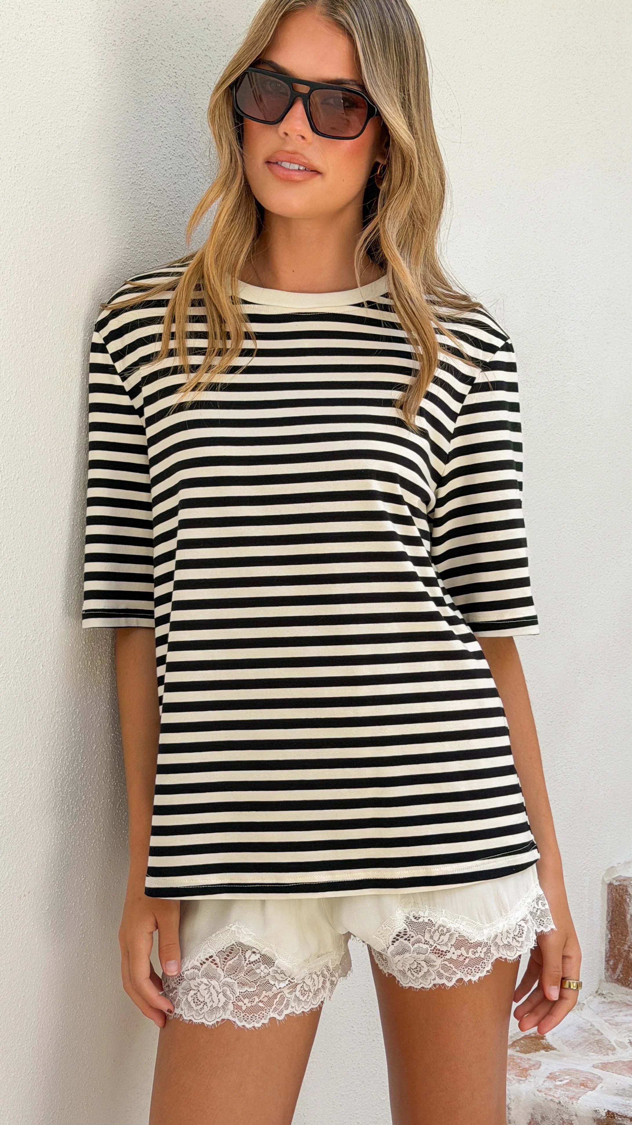 Josie Crew Neck Tee Black White Stripe