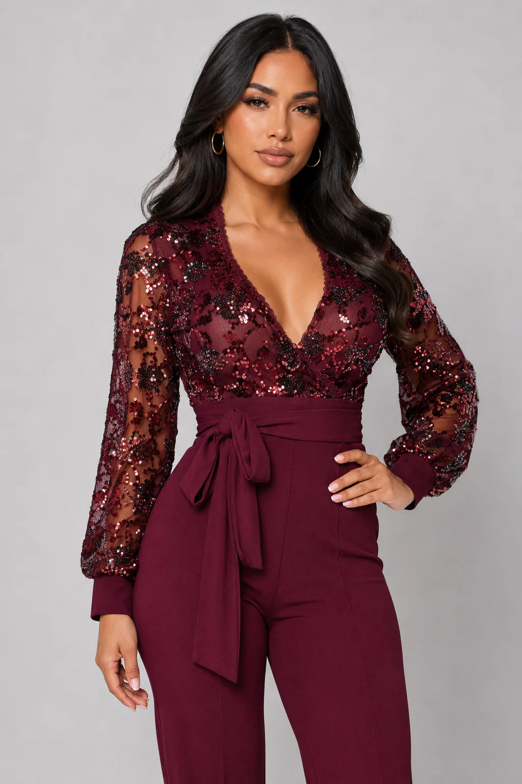 Eve Wine Red Sequin Jumpsuit