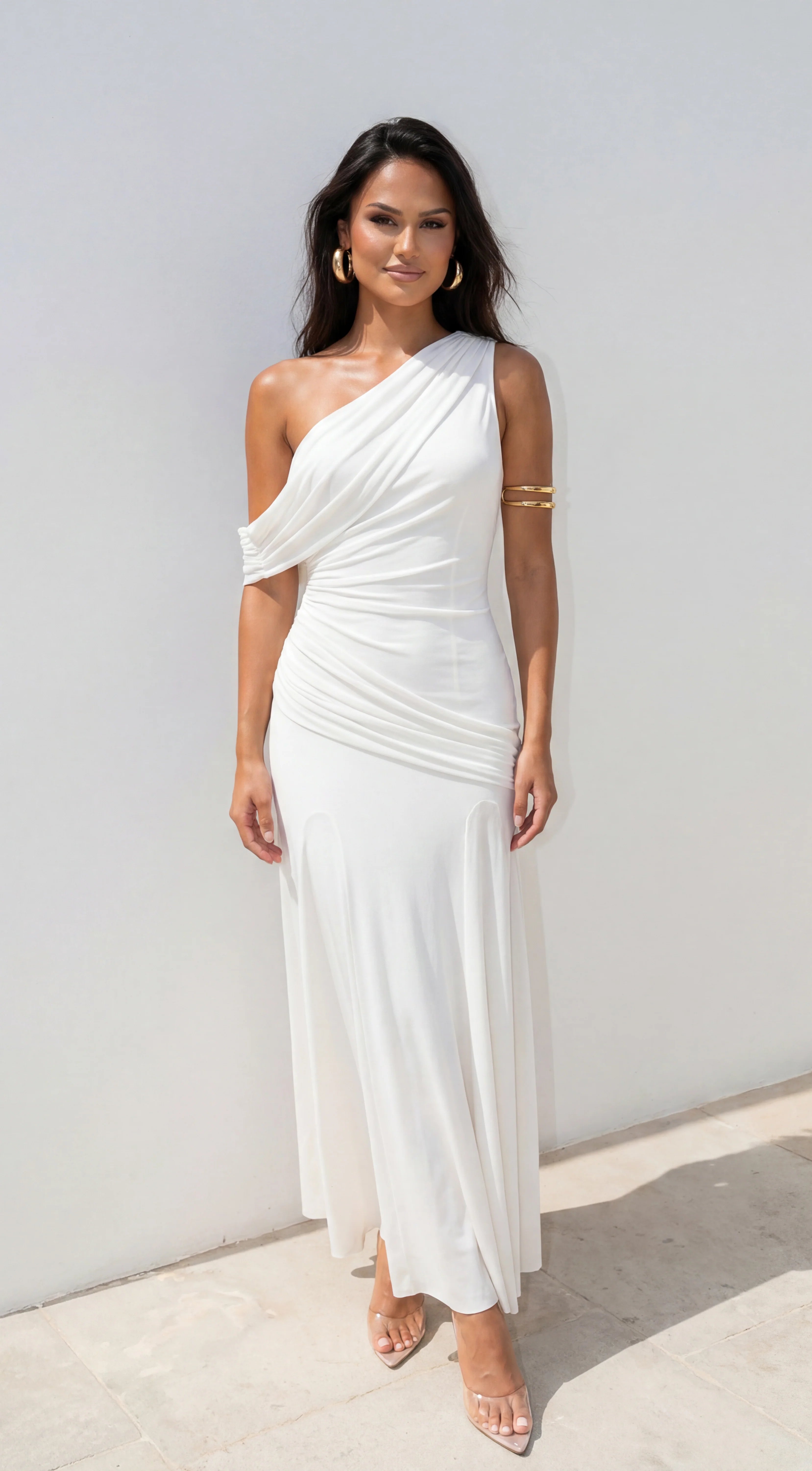 Athenya Draped One Shoulder Maxi Dress Cream White
