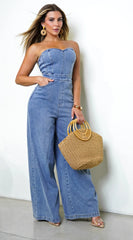 Halo Strapless Wide Leg Denim Jumpsuit Blue