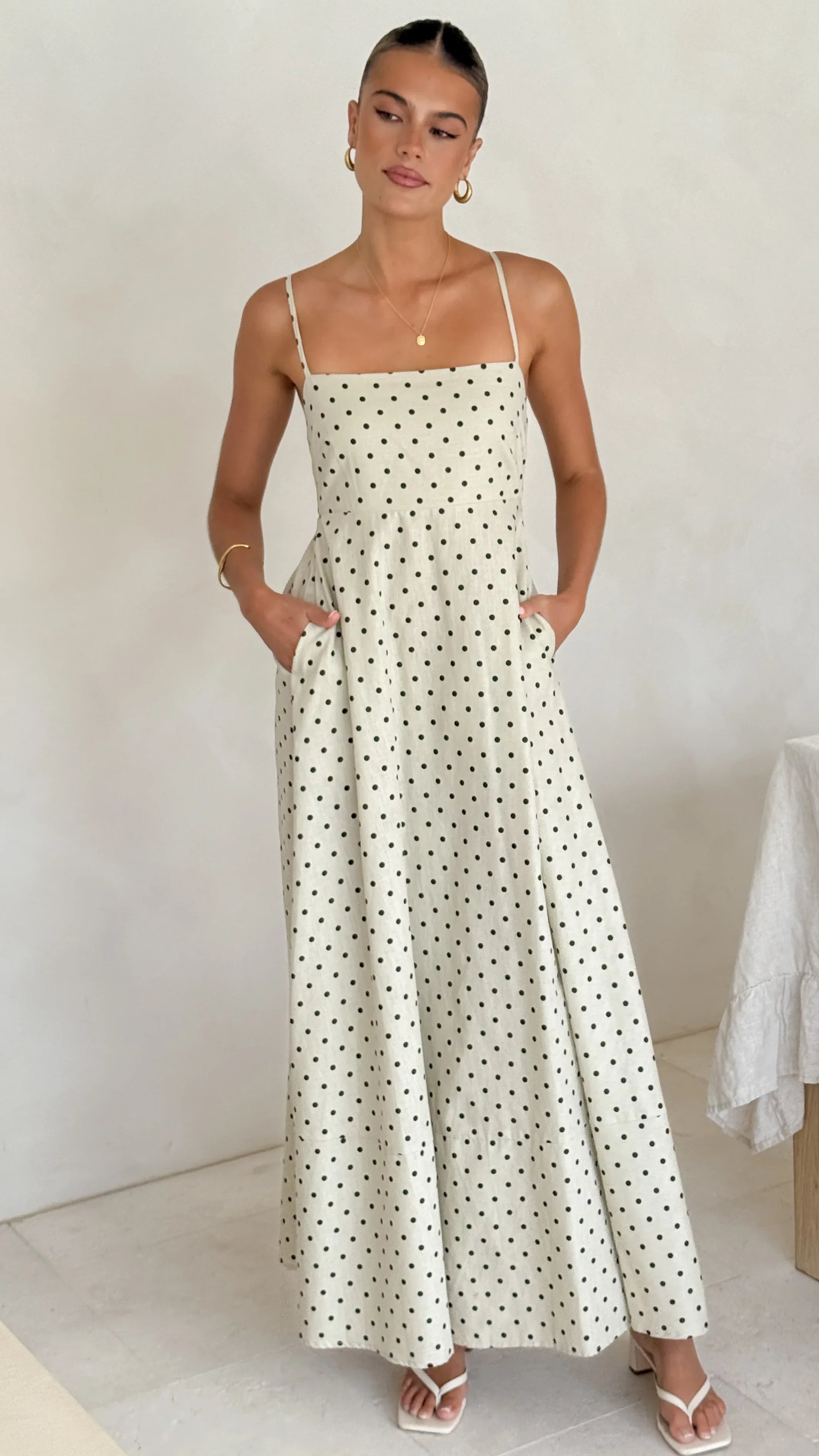 Nicole Spaghetti Strap Maxi Dress Beige Black Polka Dot