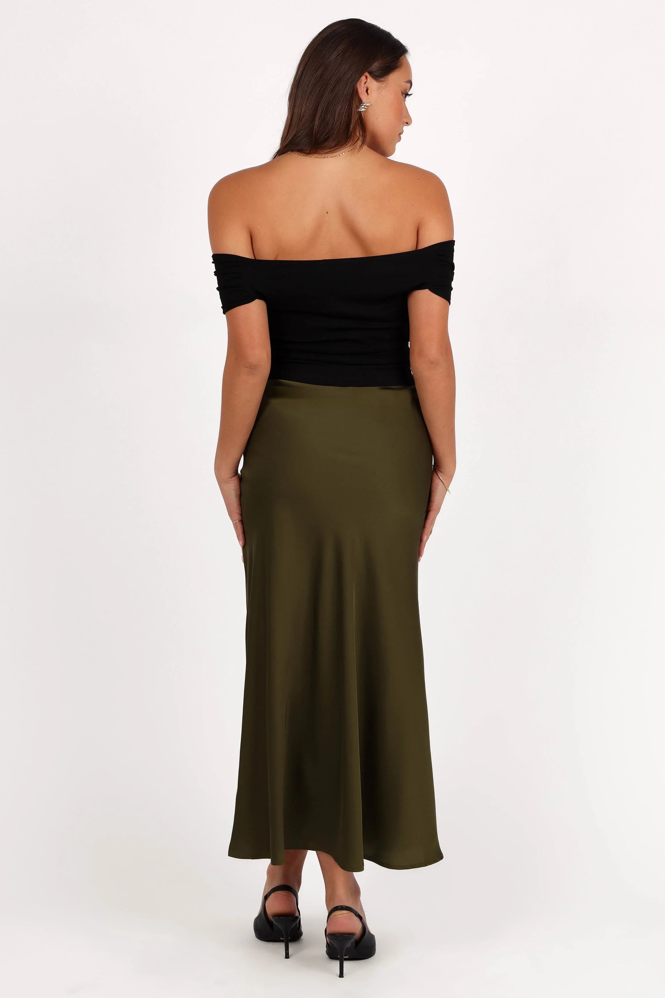 Nellie Satin Midi Skirt Olive