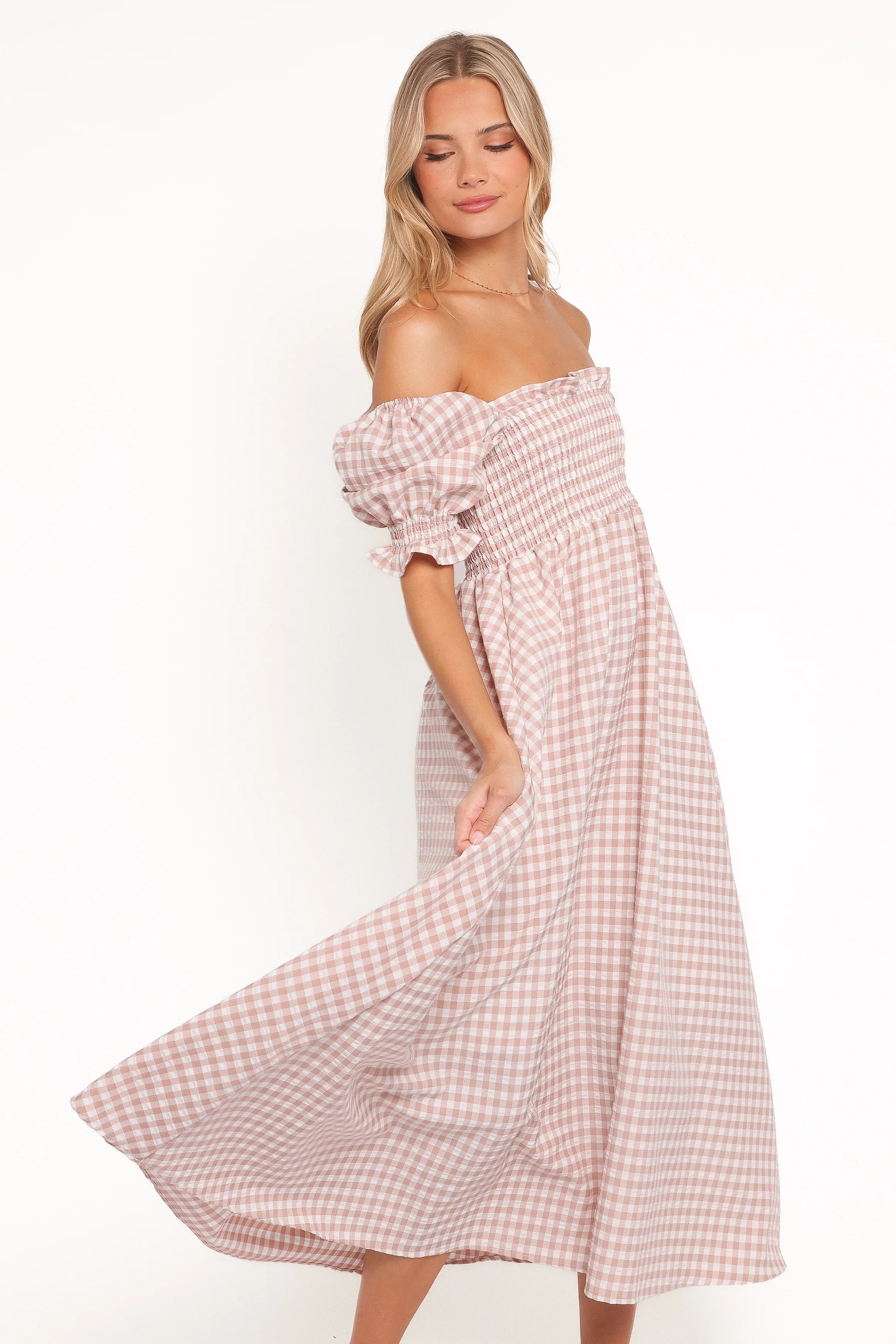 Siun Short Sleeve Midi Dress Brown Gingham