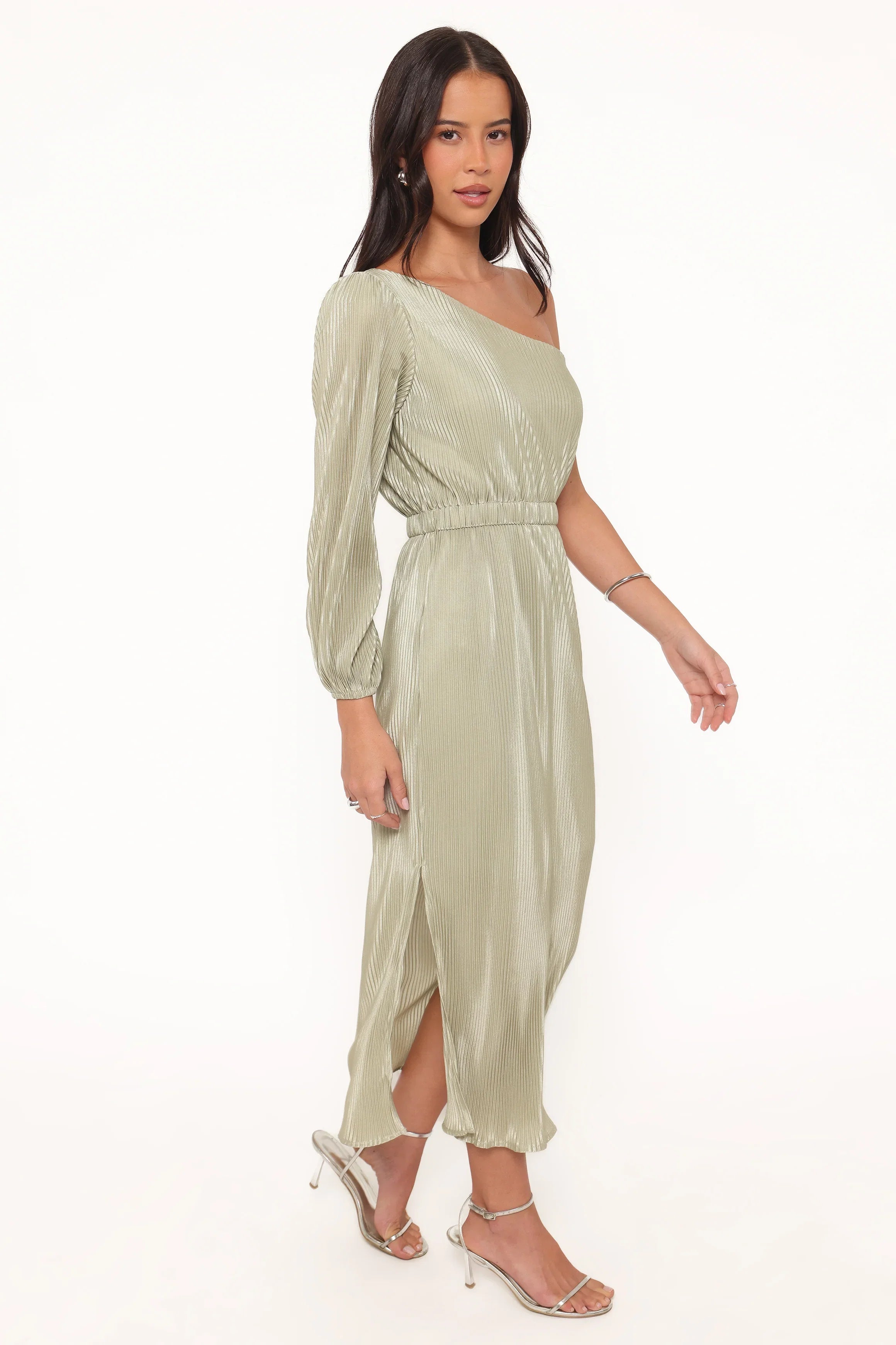 Pontee One Shoulder Pleated Midi Dress Sage Green