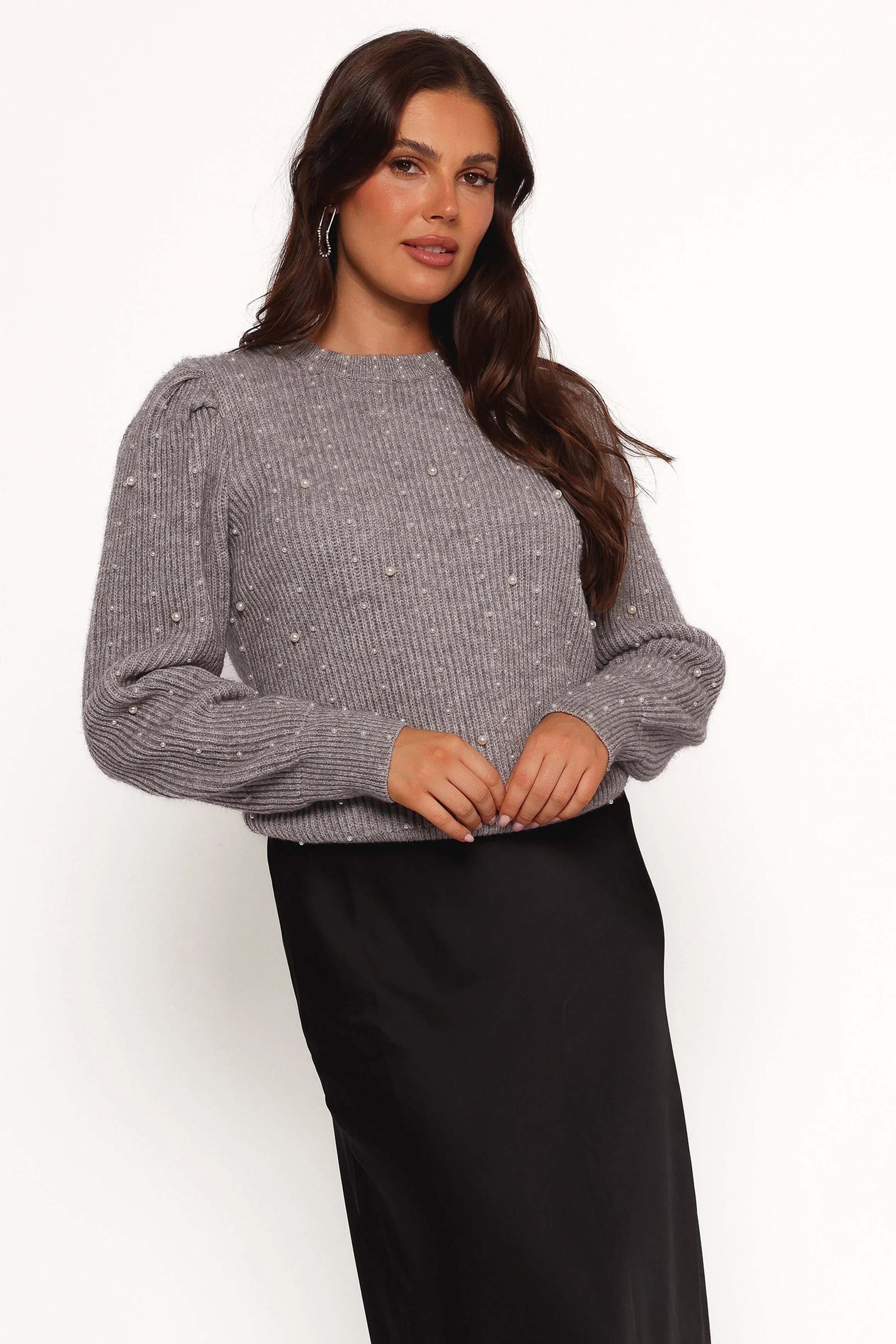 Makena Pearl Detail Knit Sweater Heather Grey