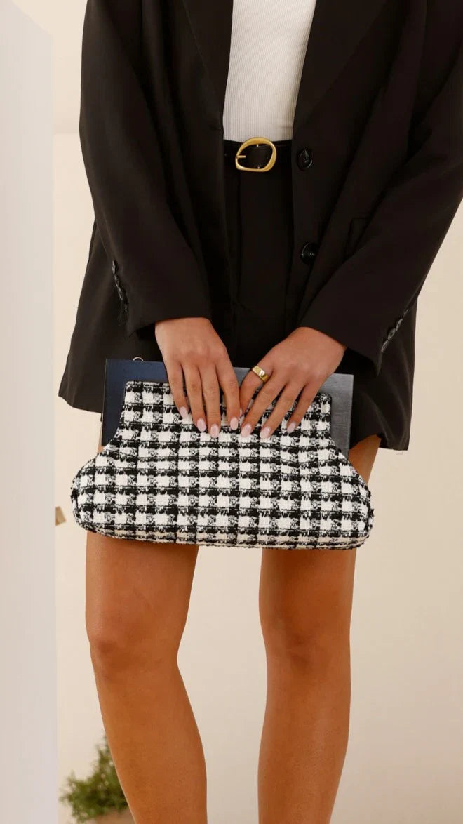 Zoey Boucle Timber Frame Clutch Black White