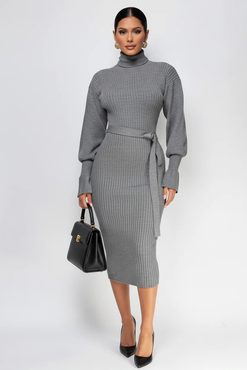 Sabriana High Neck Midi Dress Gray