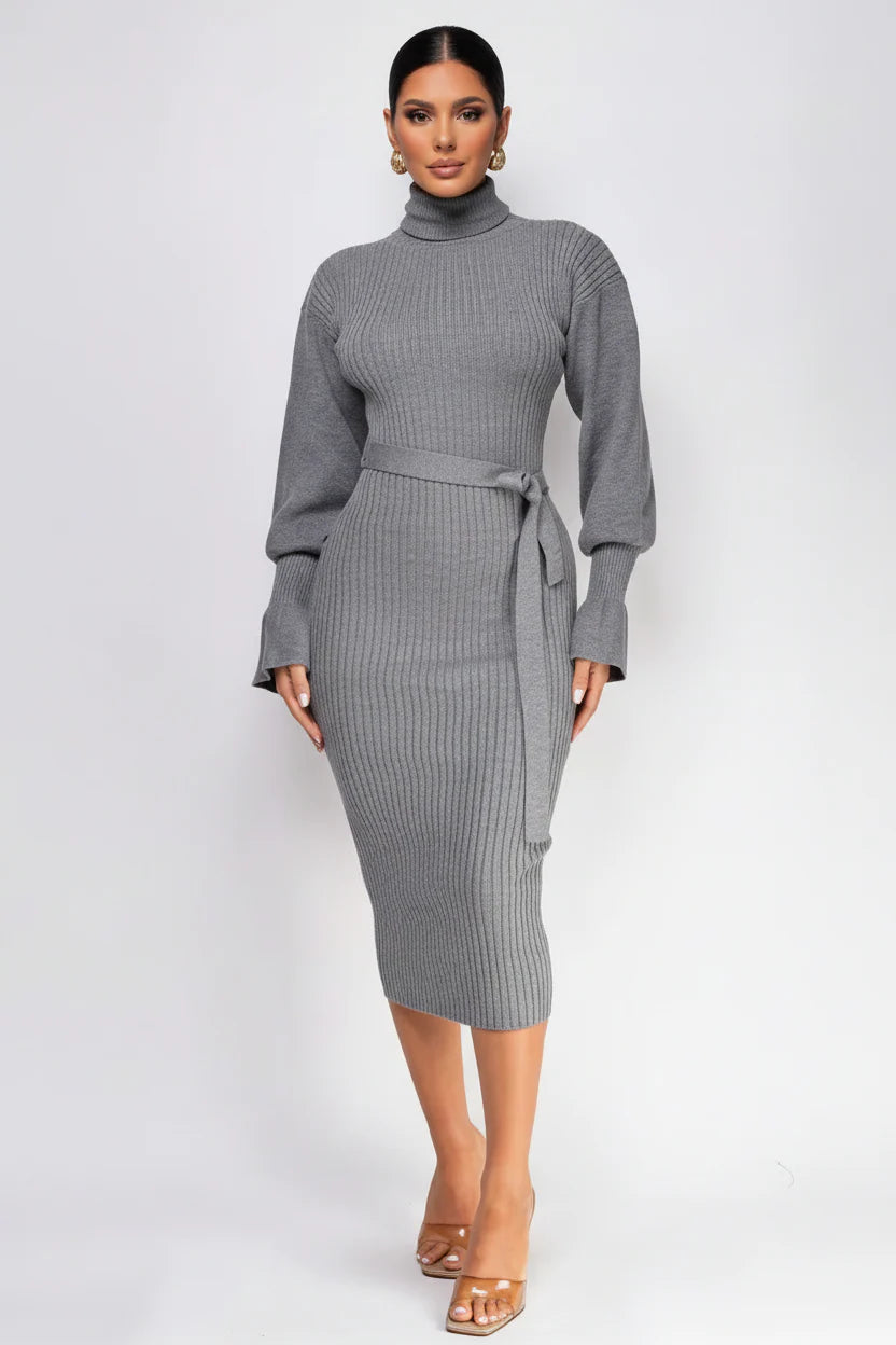 Sabriana High Neck Midi Dress Gray
