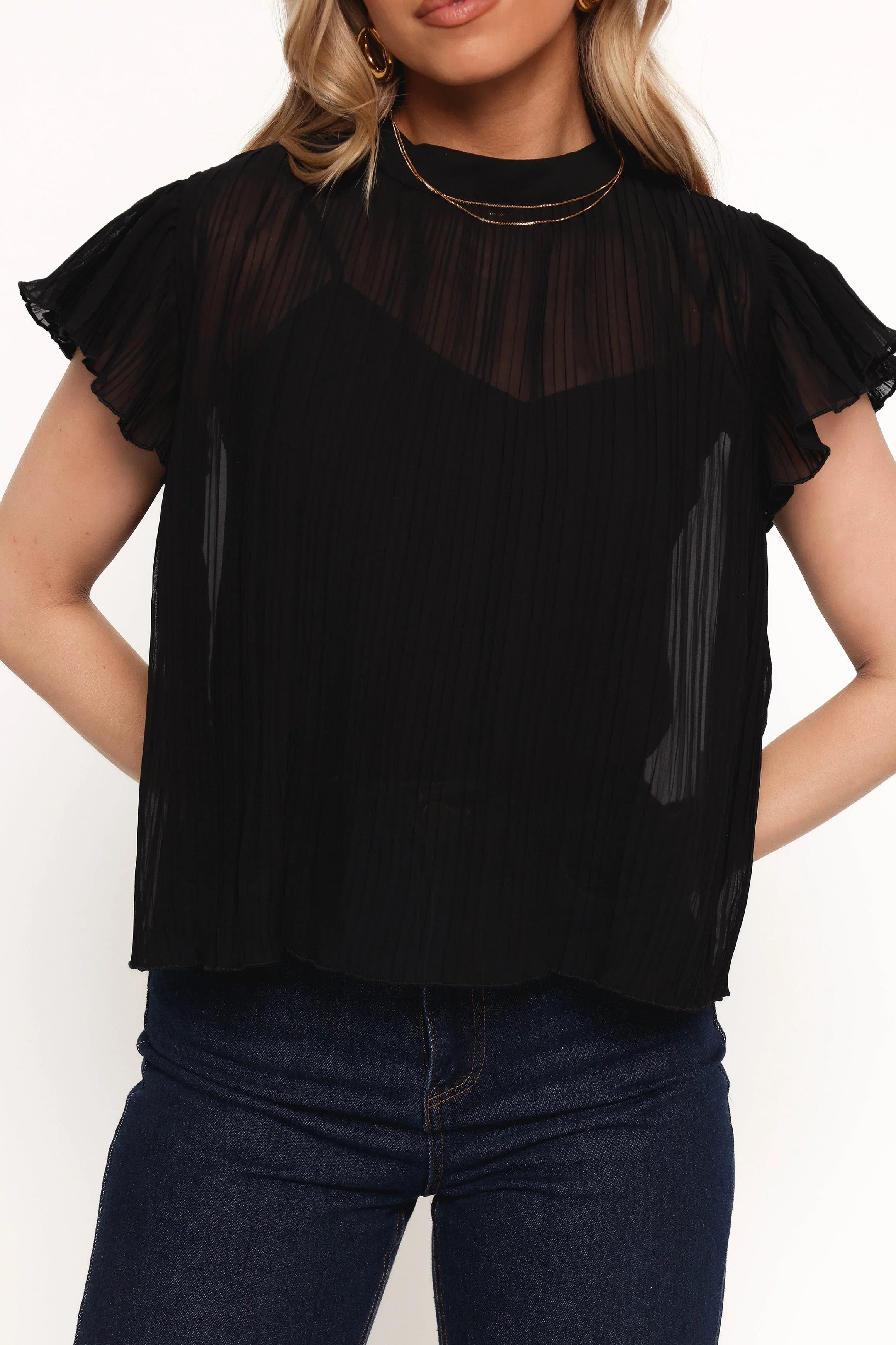 Topia Pleated Flutter Sleeve Top Black