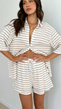 Lacole Button Up Shirt and Shorts Set White Beige Stripe