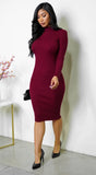 Cielo Mock Neck Long Sleeve Ribbed Mid Dress Burgundy