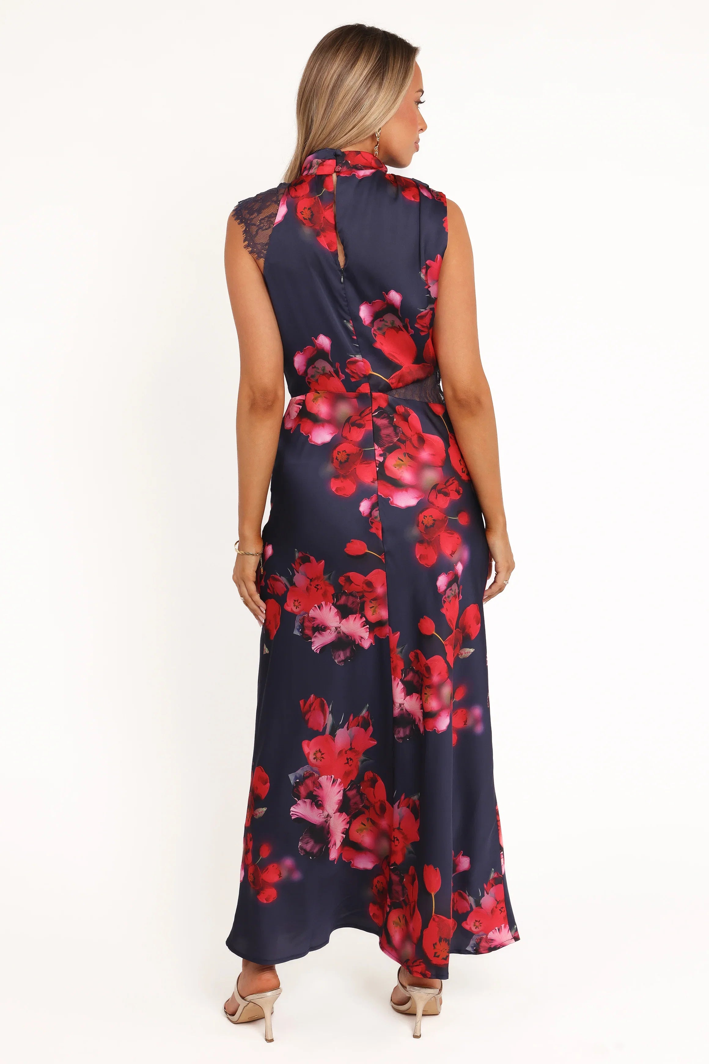 Anabelle Halter Neck Lace Maxi Dress Navy Floral