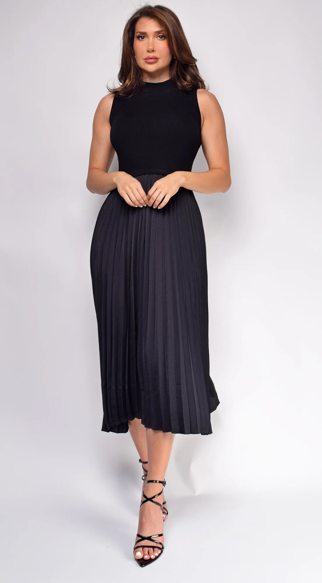 Ashlen Black Pleated Contrast High Neck Midi Dress