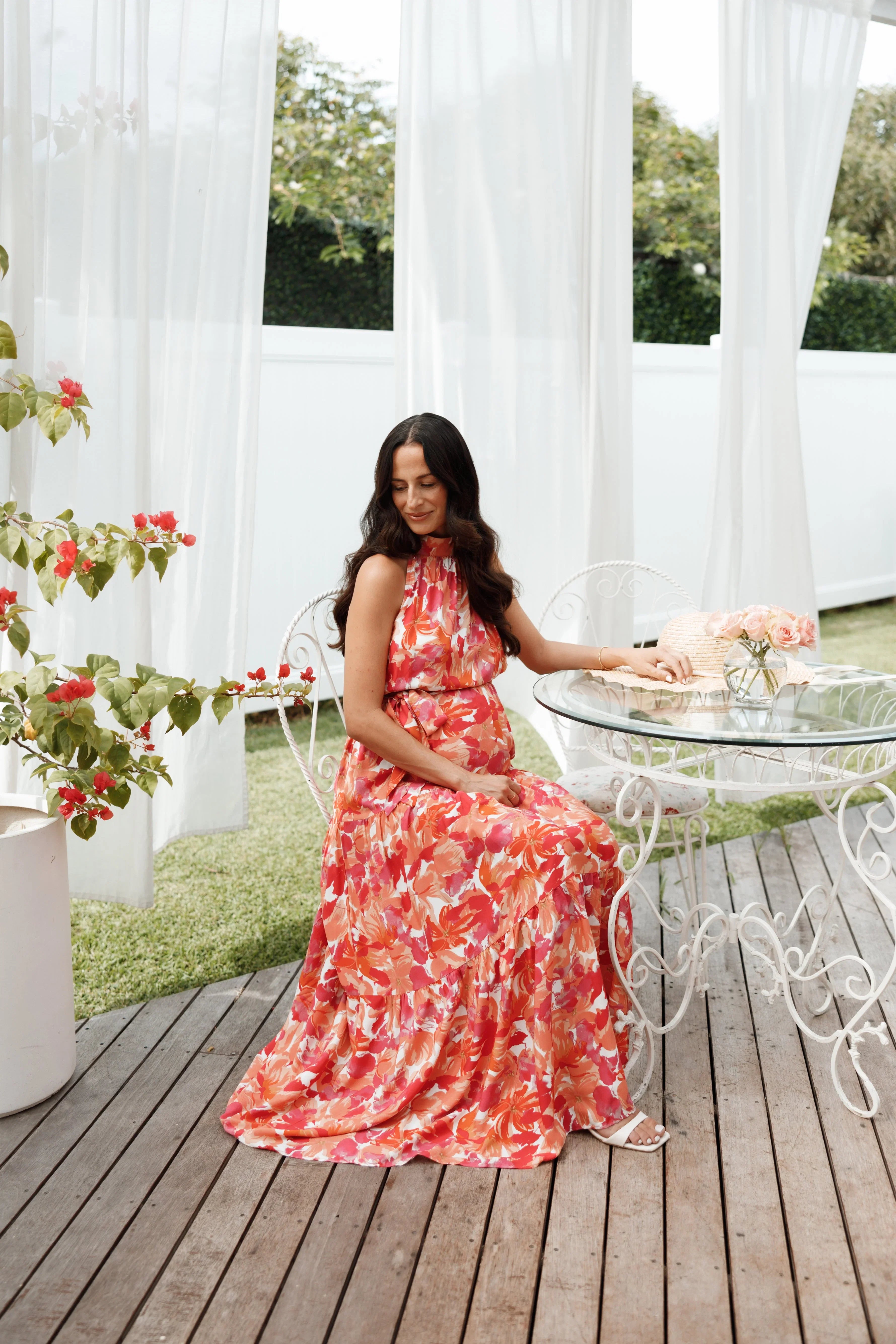Caroline Maxi Halter Dress Red Orange