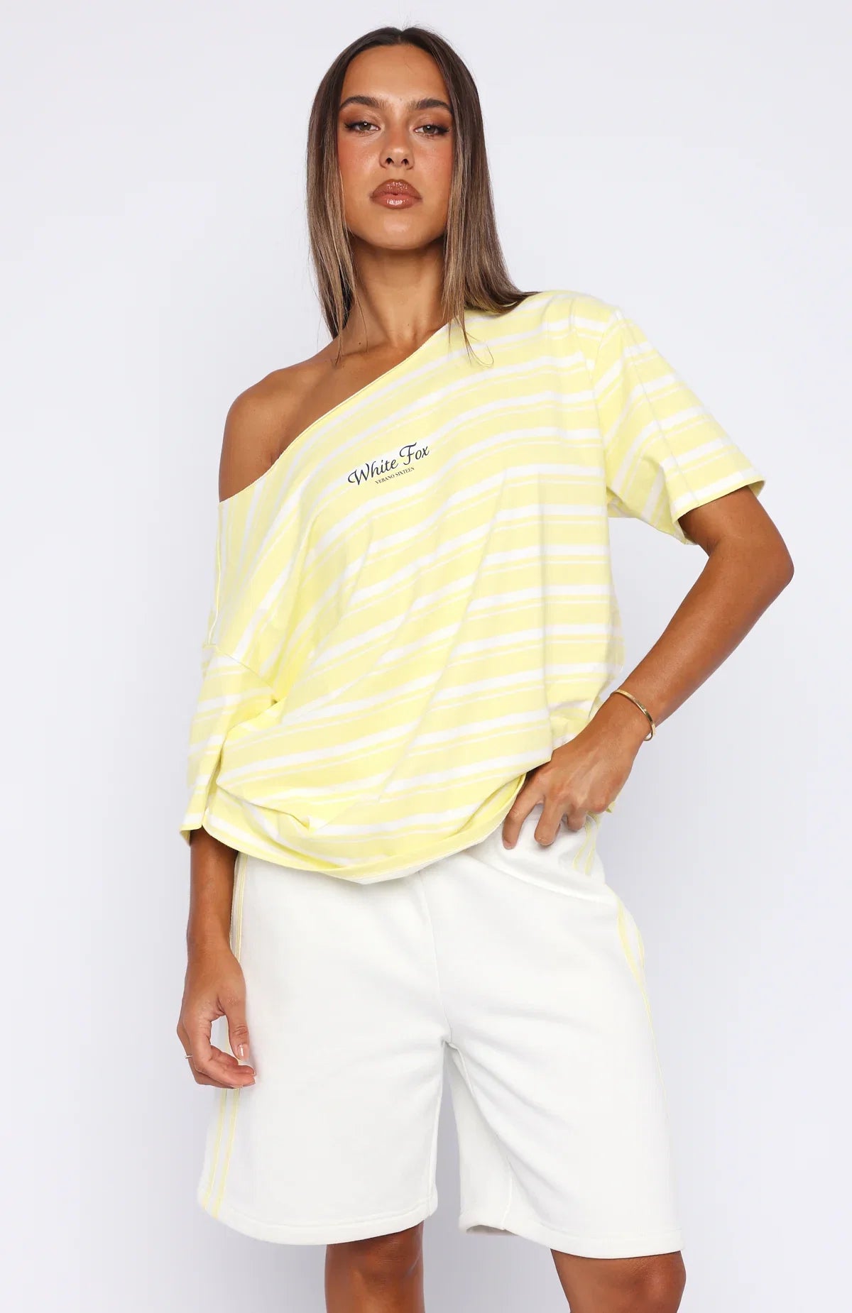 Verano Sixteen Magnolia Off Shoulder Oversized Tee Lemon White Stripe