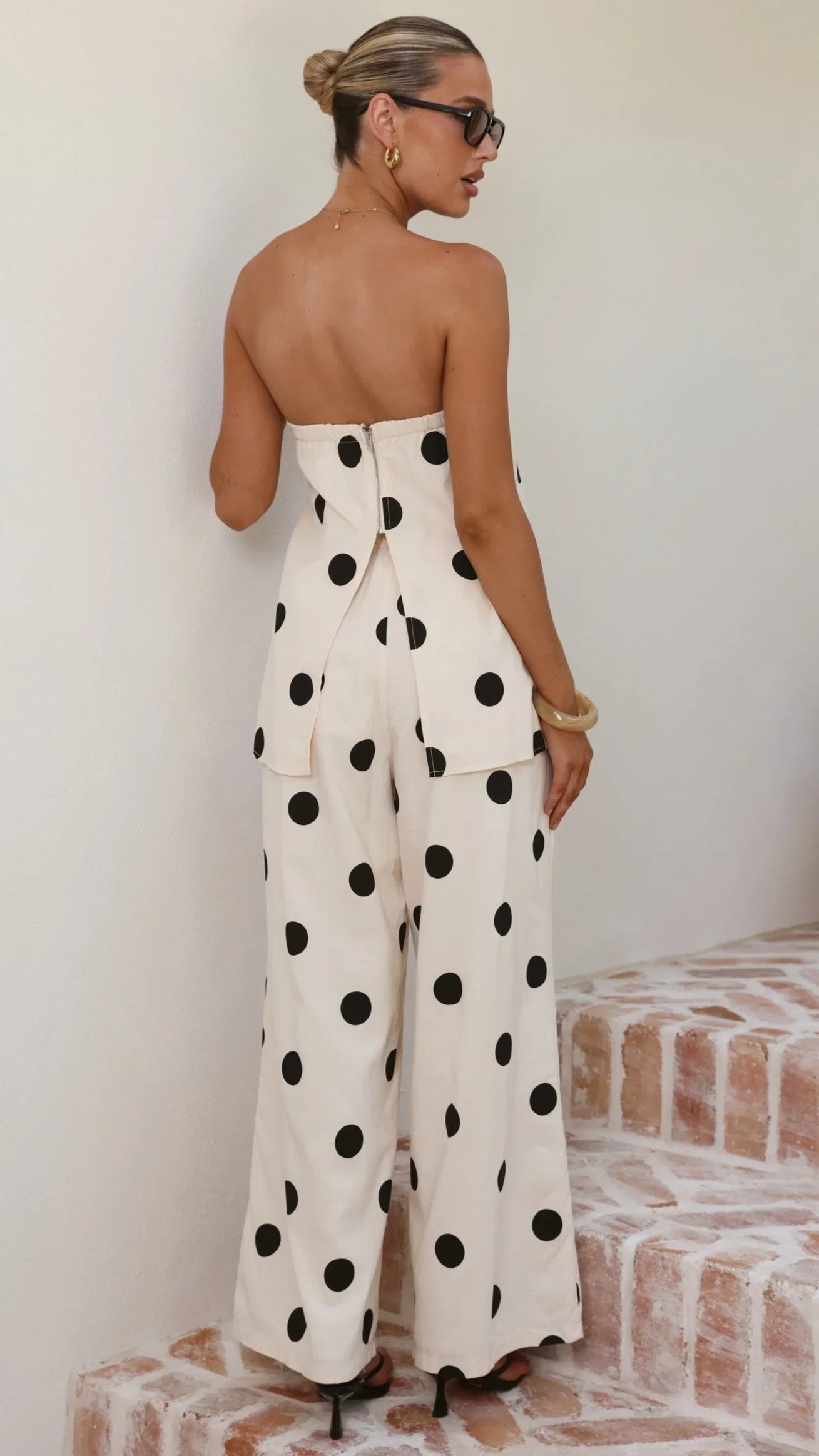 Hazelle Strapless Top Beige Black Polka Dot