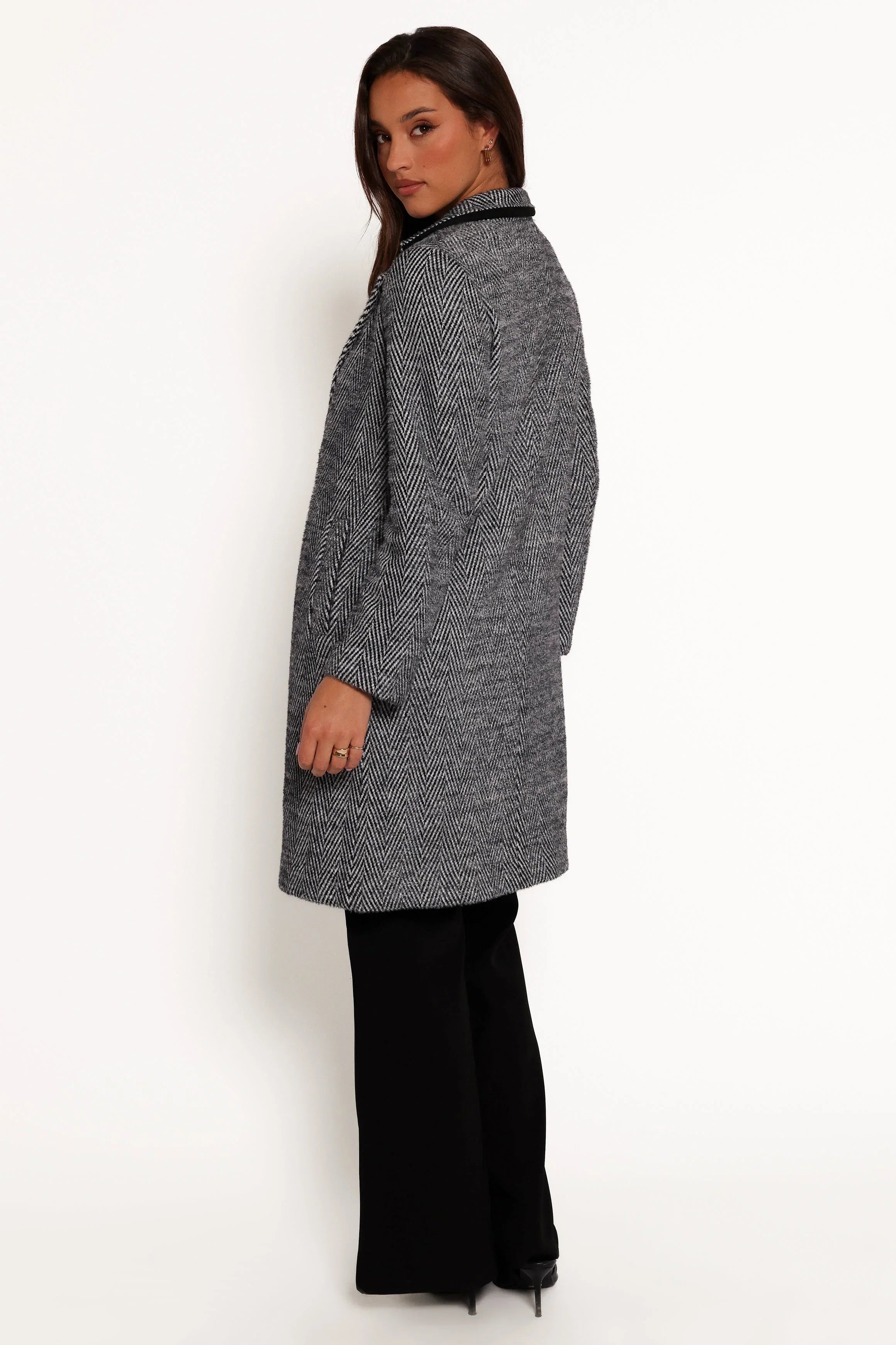 Nicoletta Single Button Herringbone Coat Black