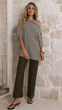 Pia One Shoulder Oversize Tee Black White Stripe