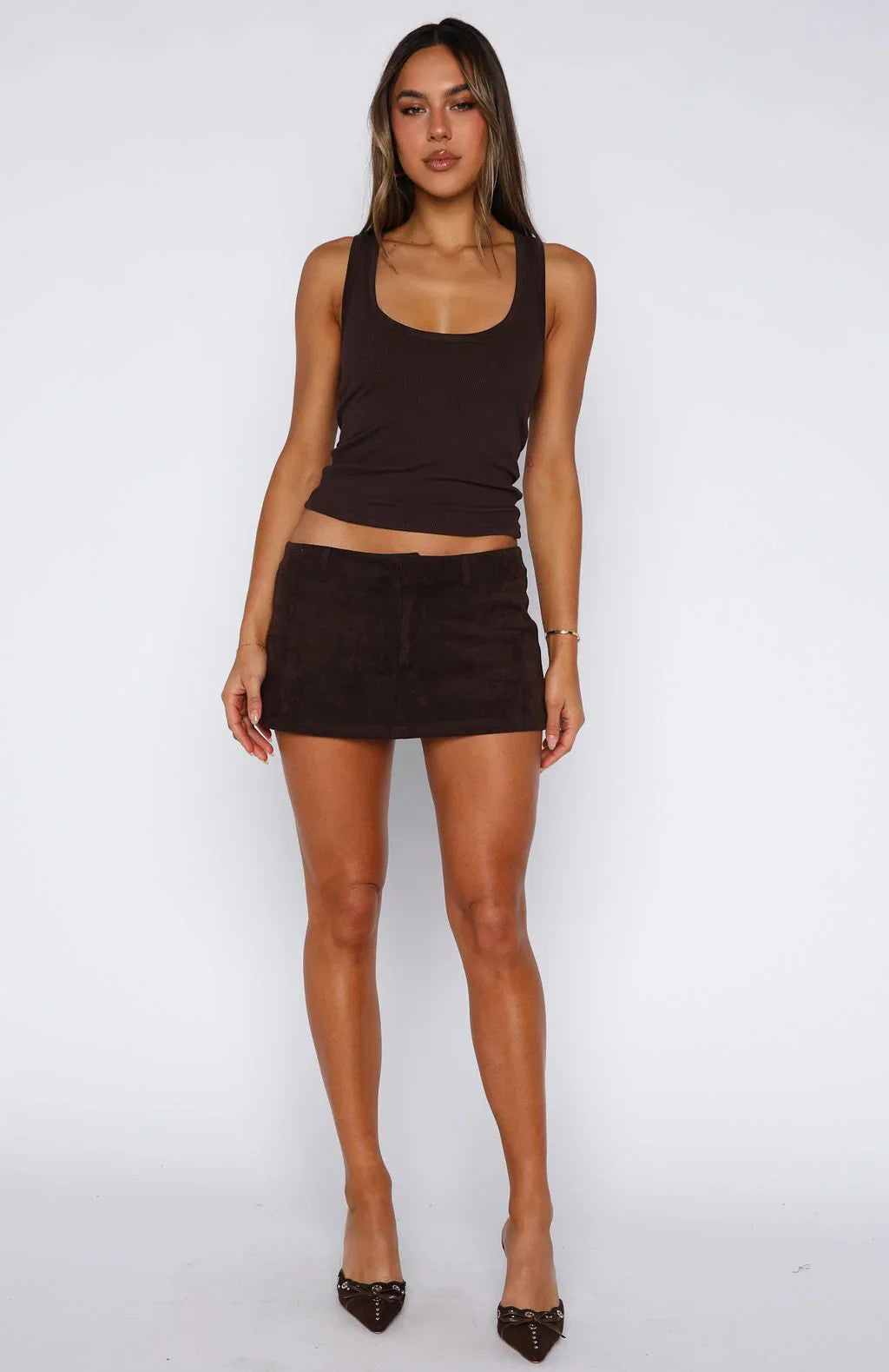 Silent Heartbeat Faux Suede Low Rise Mini Skort Dark Chocolate