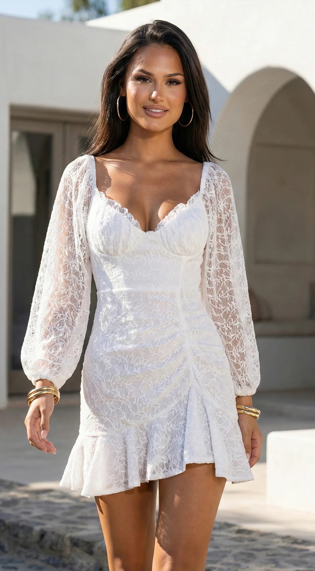 Nerano Lace Ruffle Asymmetric Mini Dress White