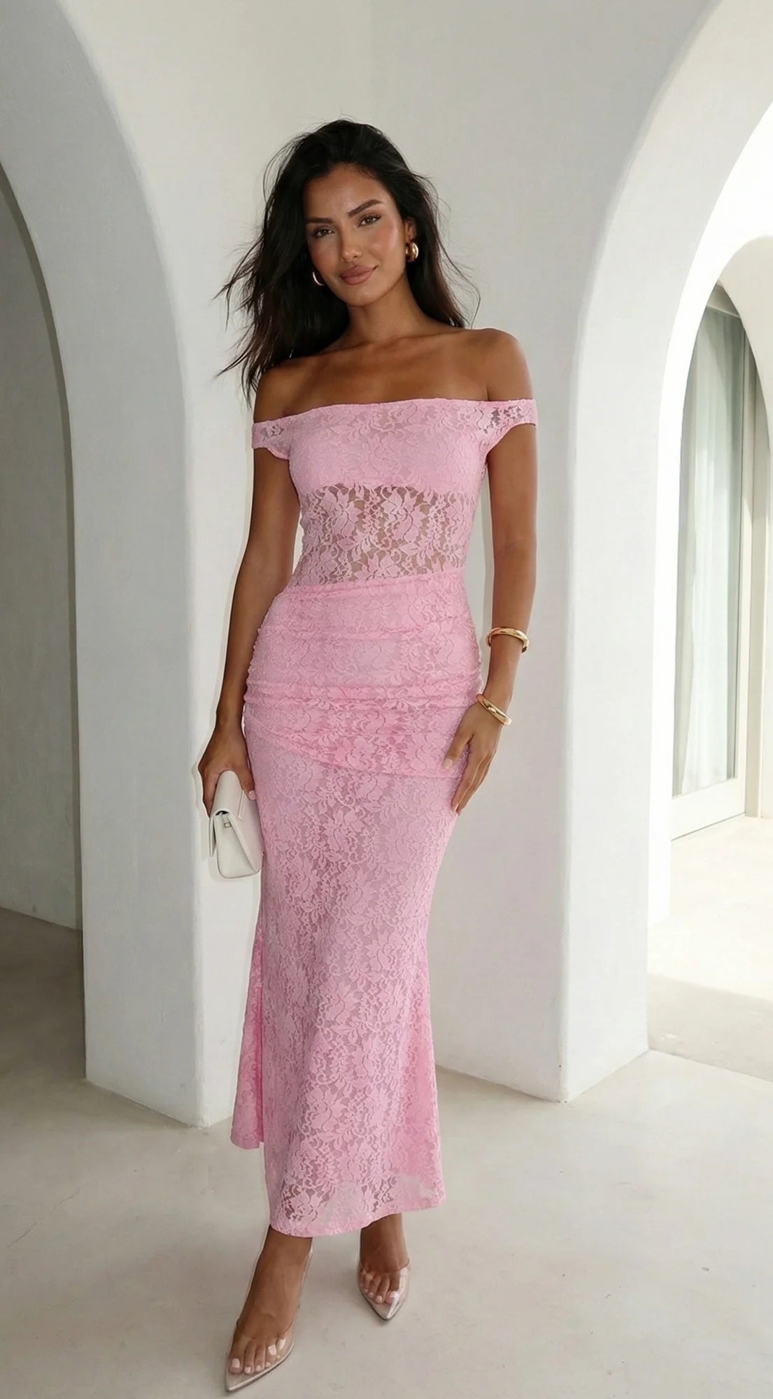 Roselune Lace Off Shoulder Dress Pink