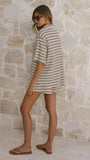 Tali Button Up Shirt and Shorts Set Beige Green Stripe