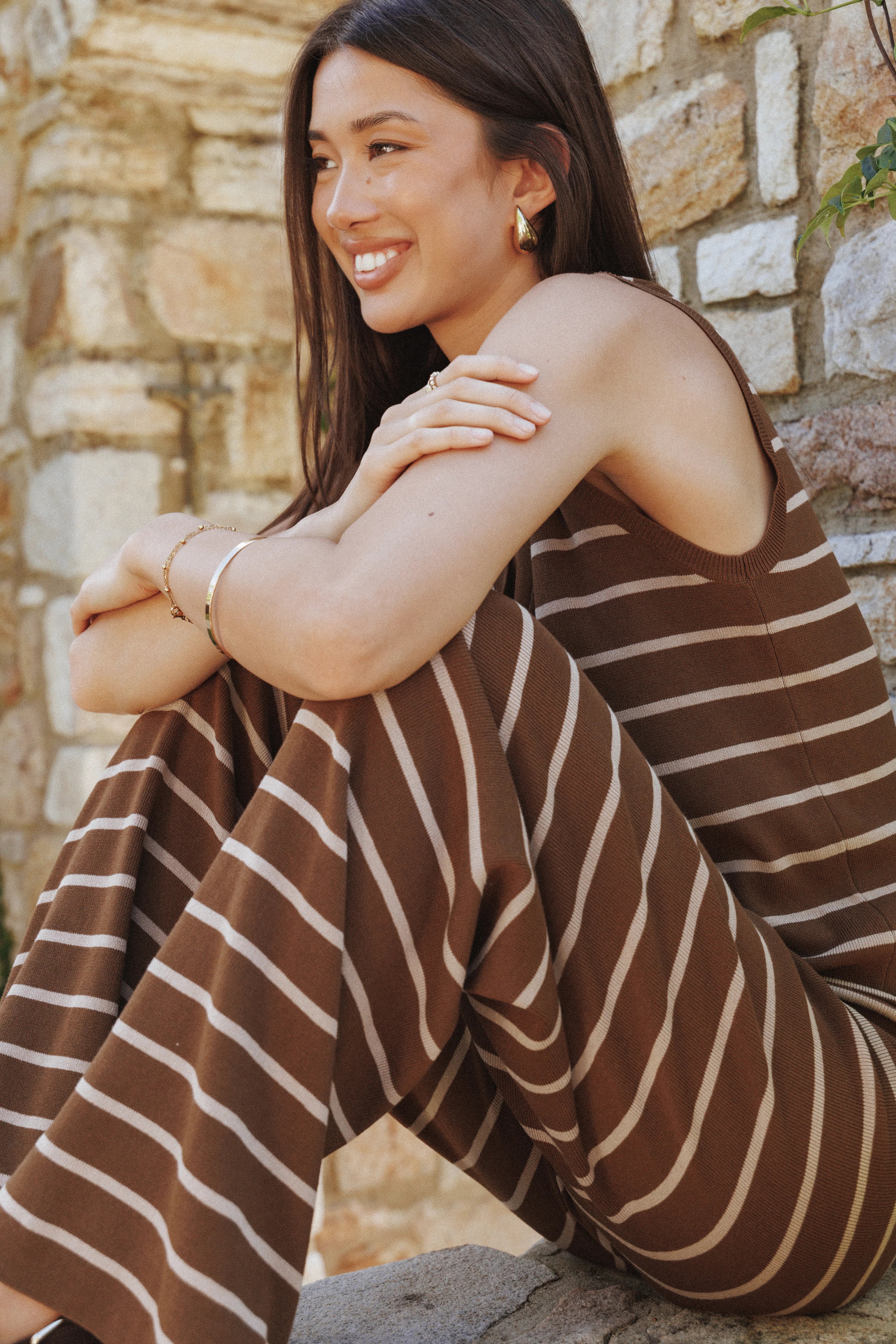 Juna Knitted Pant Set Brown Cream Stripe