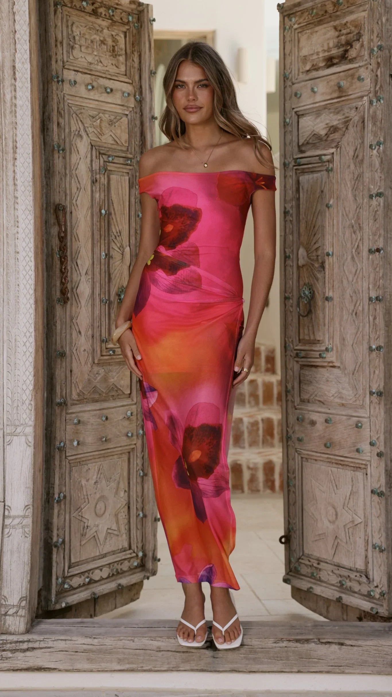 Verne Off Shoulder Maxi Dress Pink Floral