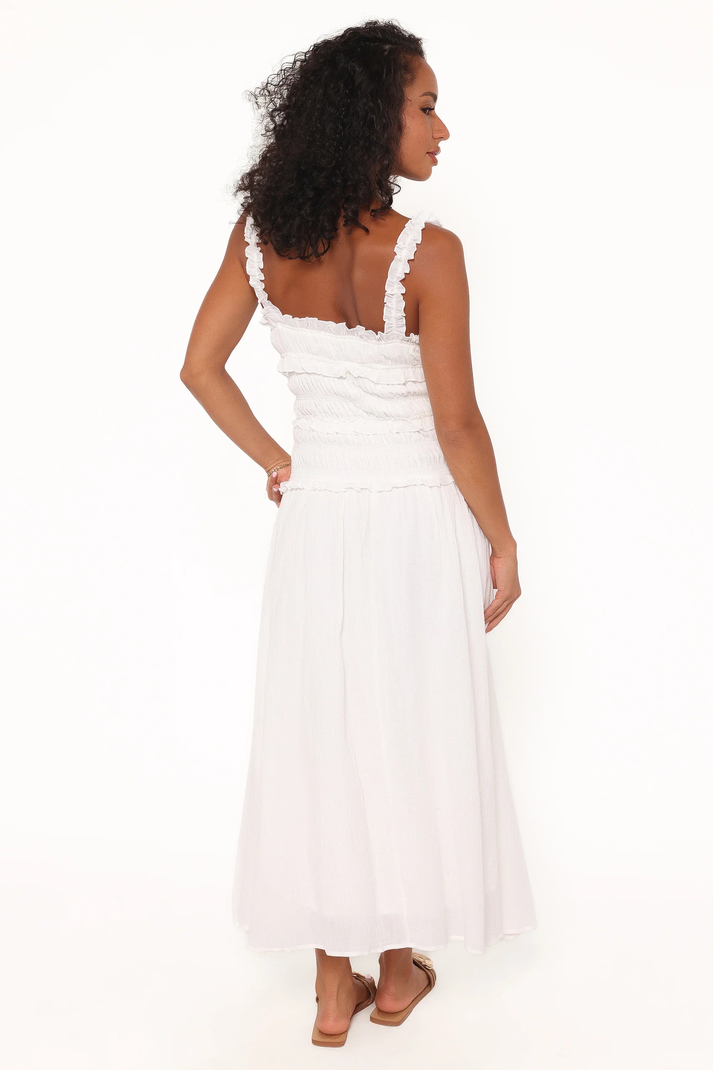Enola Gather Midi Dress White
