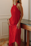 Melody Plisse Halter Maxi Dress Red