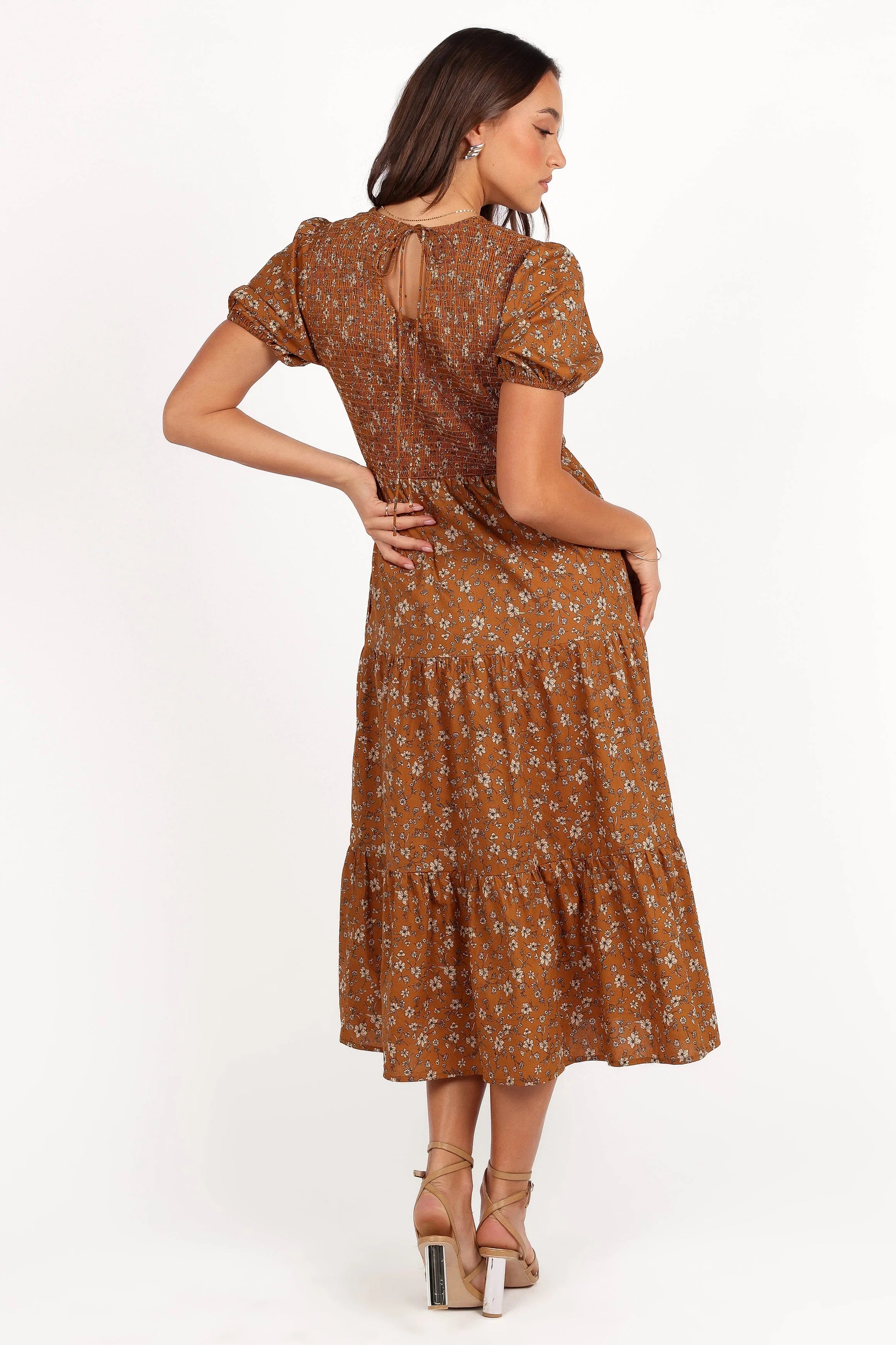 Naura Shirred Tiered Midi Dress Cognac Floral