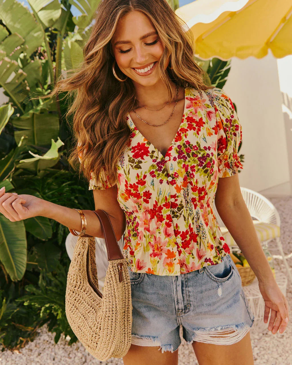 Orchard Glow Floral Cinched Waist Top