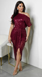 Lya Off Shoulder Draped Sequin Midi Dress Burgundy