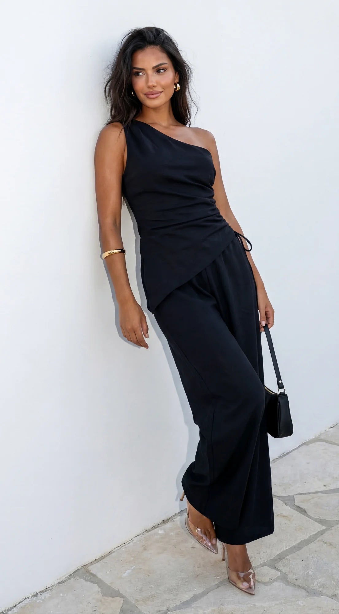 Caldera Linen One Shoulder Set Black