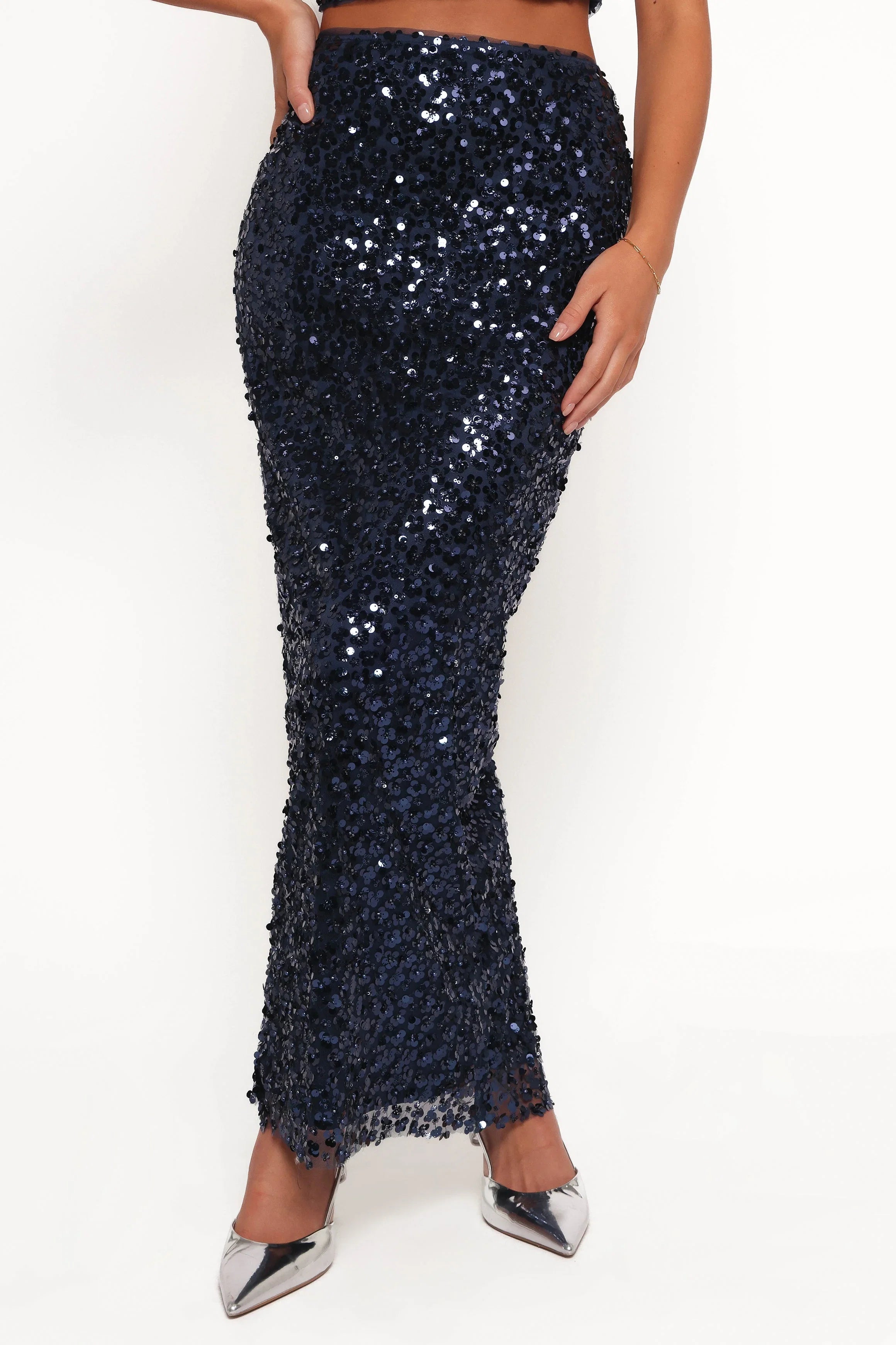 Glissy Sequin Skirt Set Navy