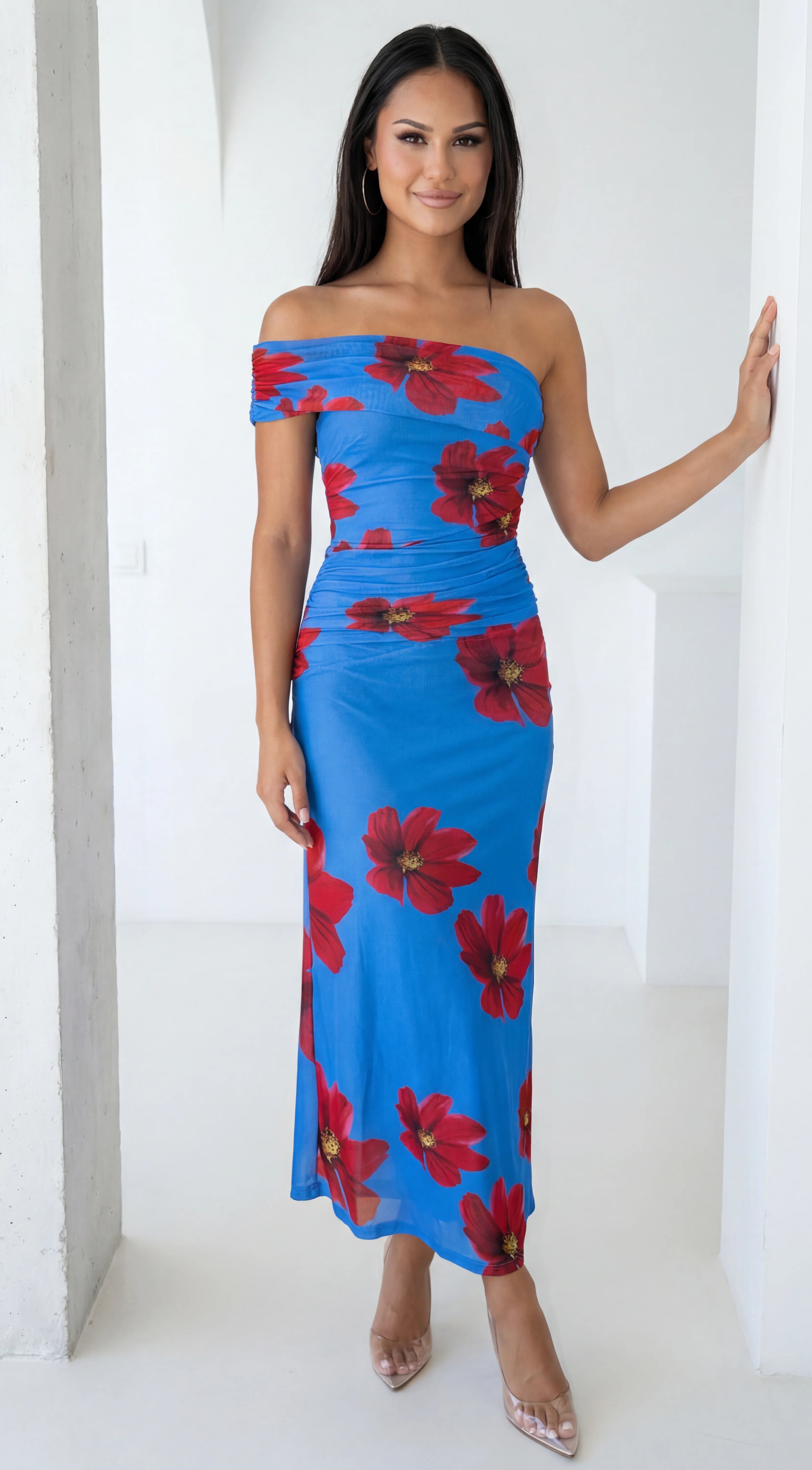 Azura Floral One Shoulder Maxi Dress Blue Multi