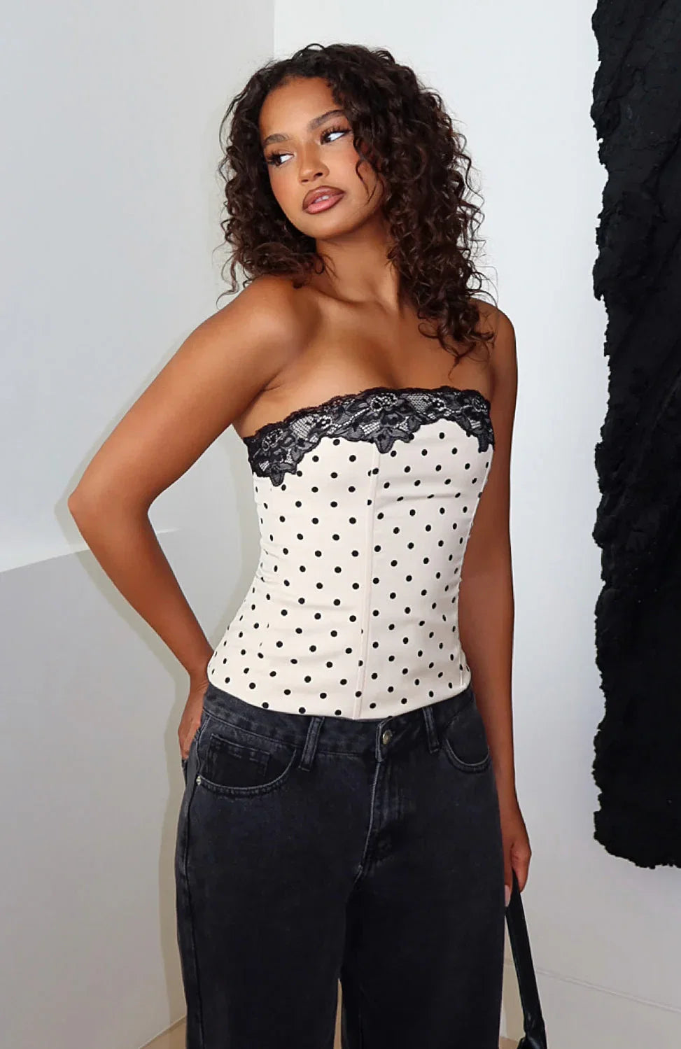 Flow Of Things Strapless Bustier Cream Black Polka Dot