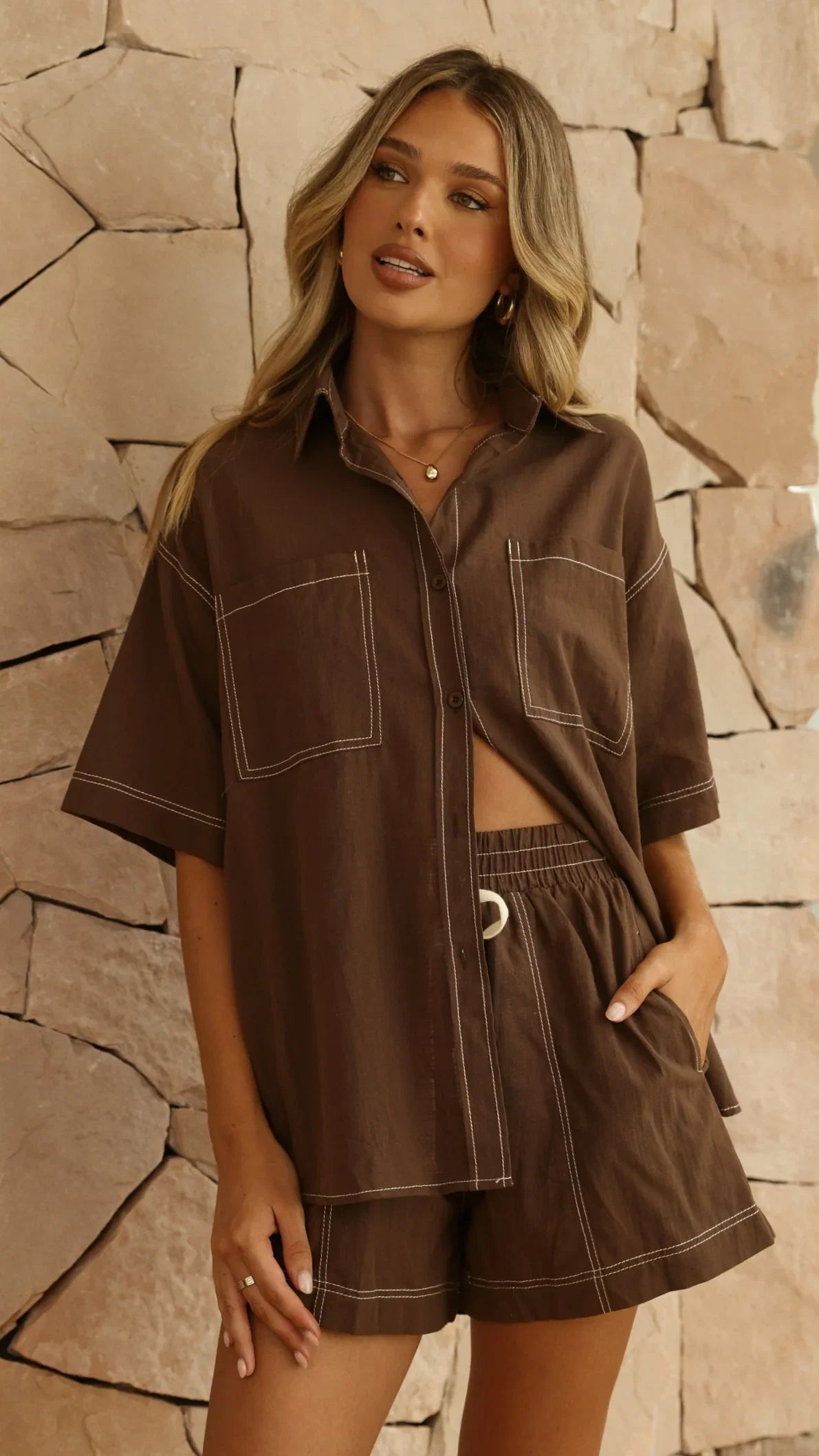 Sarafina Button Up Shirt and Shorts Set Chocolate