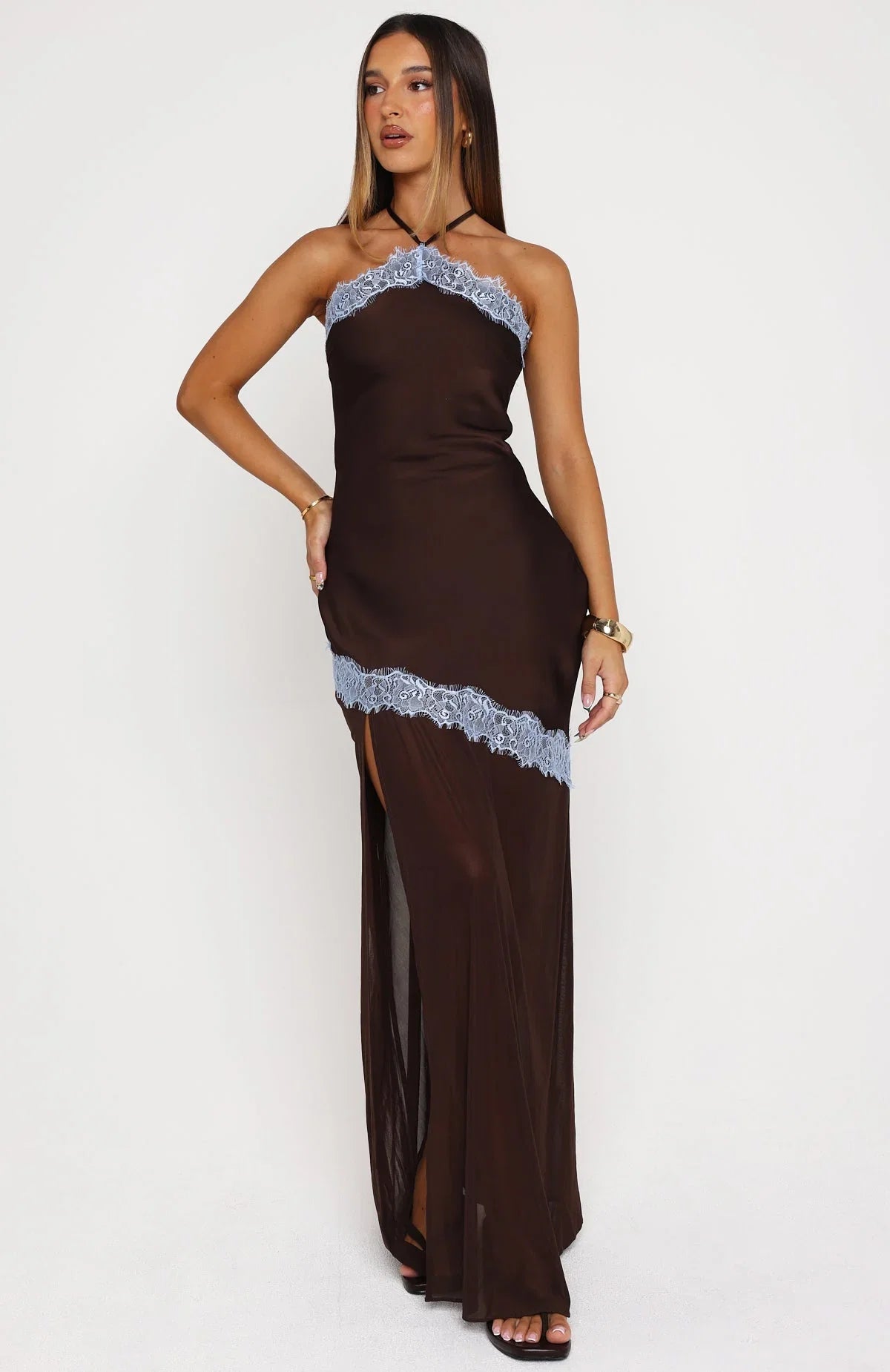 Perfect For You Halter Maxi Dress Dark Chocolate Powder Blue