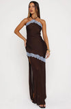 Perfect For You Halter Maxi Dress Dark Chocolate Powder Blue