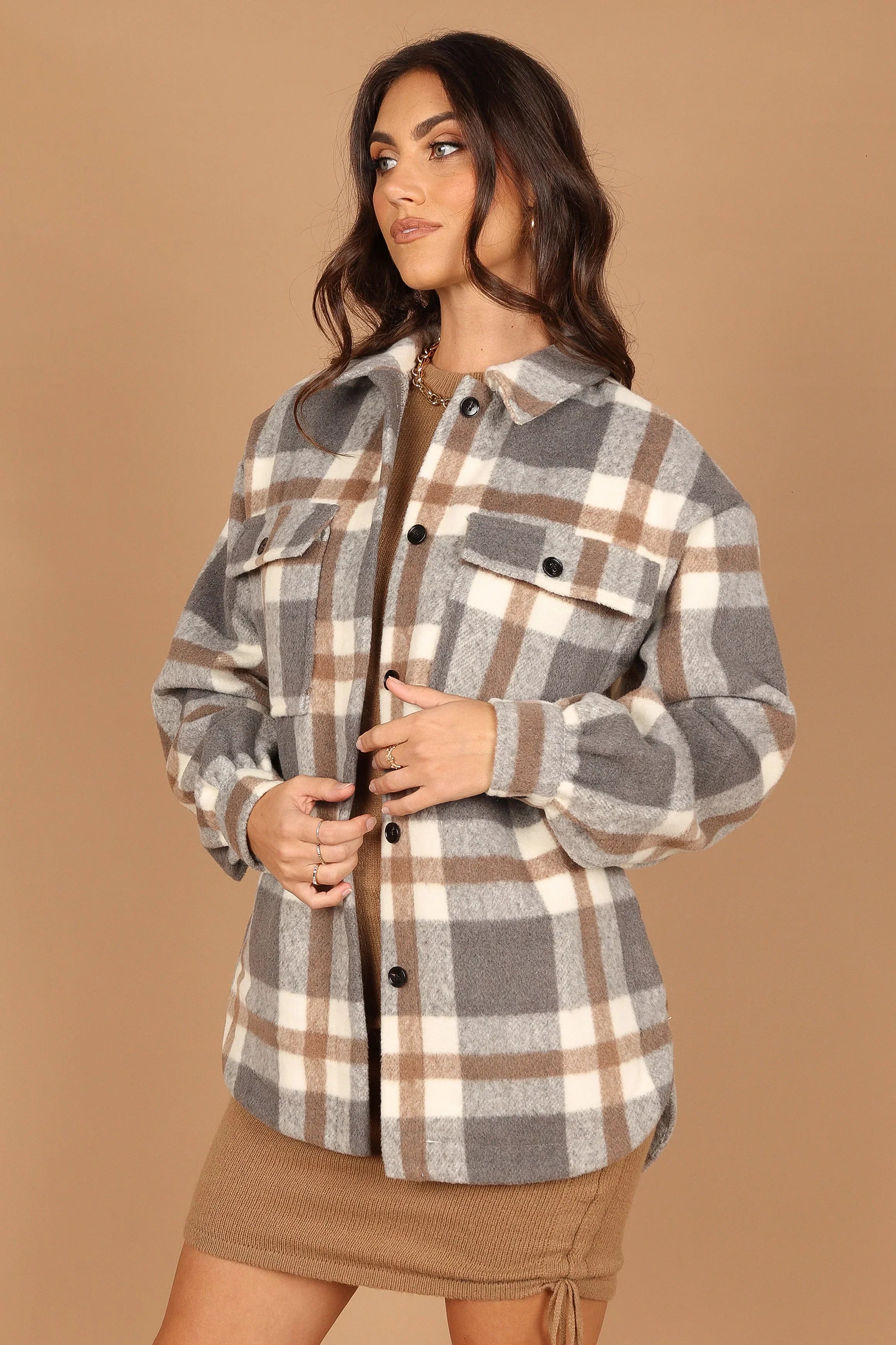Alex Double Breasted Pocket Shacket Grey Check