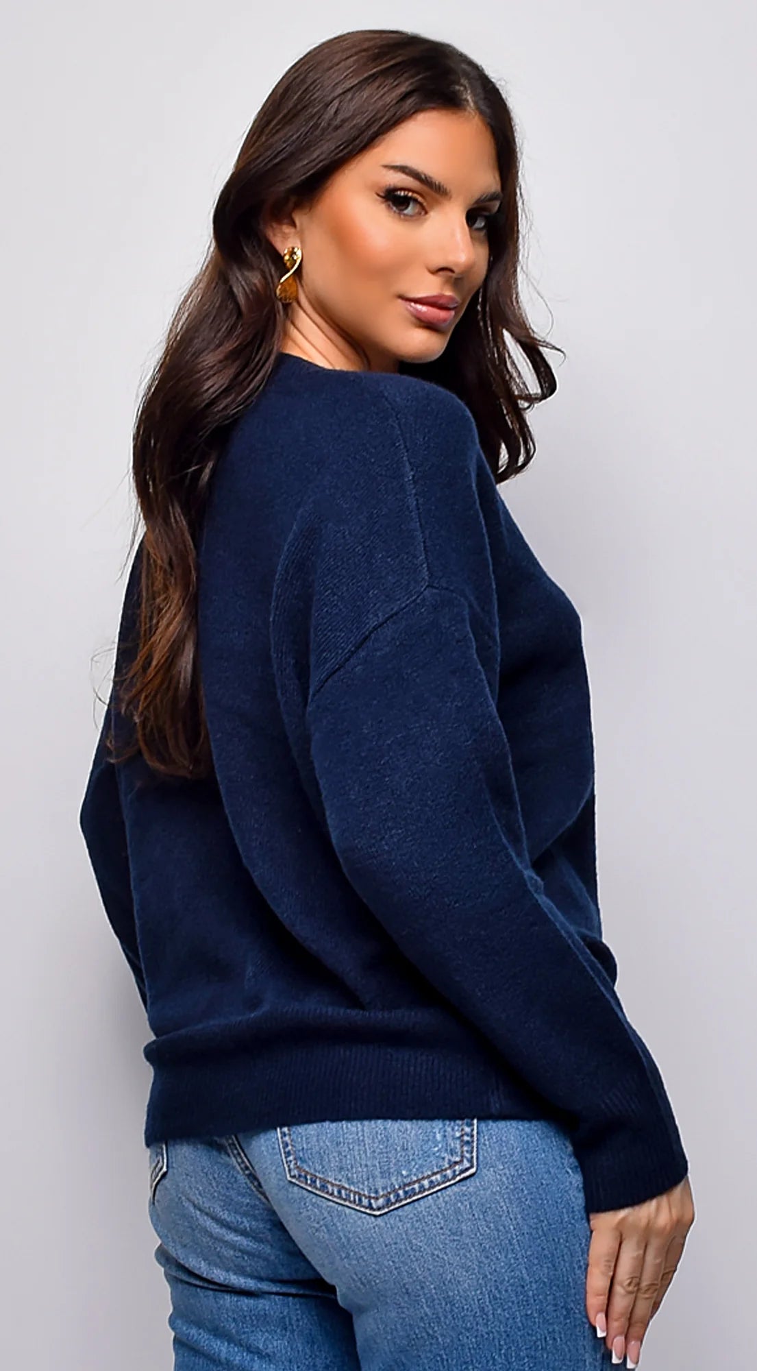 Remy V Neck Drop Shoulder Sweater Top Blue