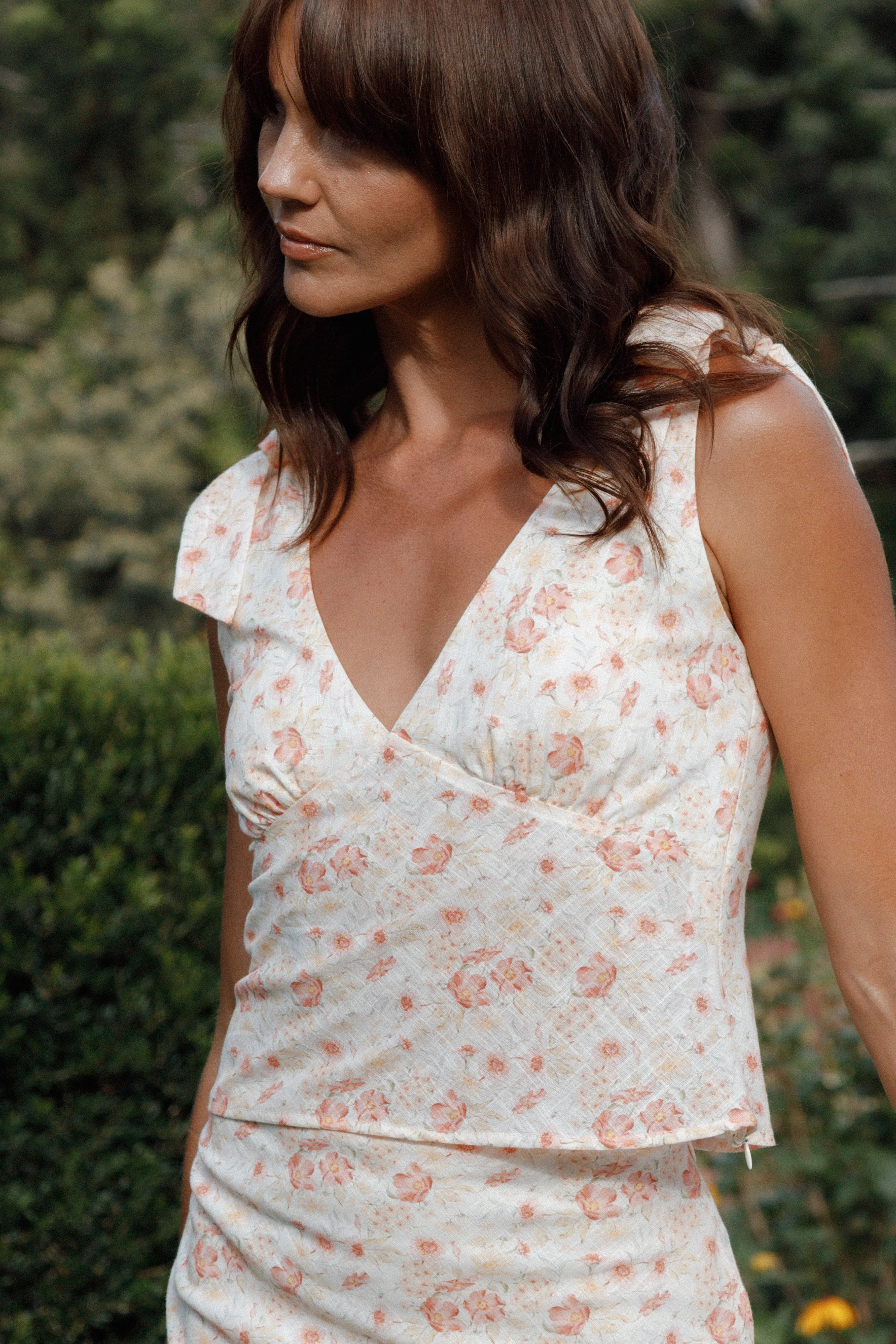 Kedra Tie Shoulder Top Peach Ditsy Floral