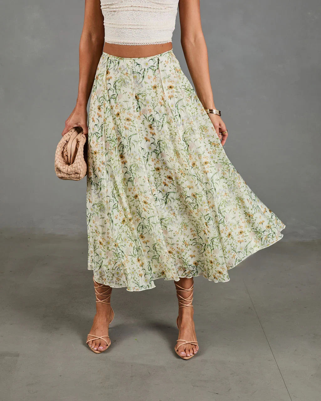 Adilene Pleated Floral Print Midi Skirt
