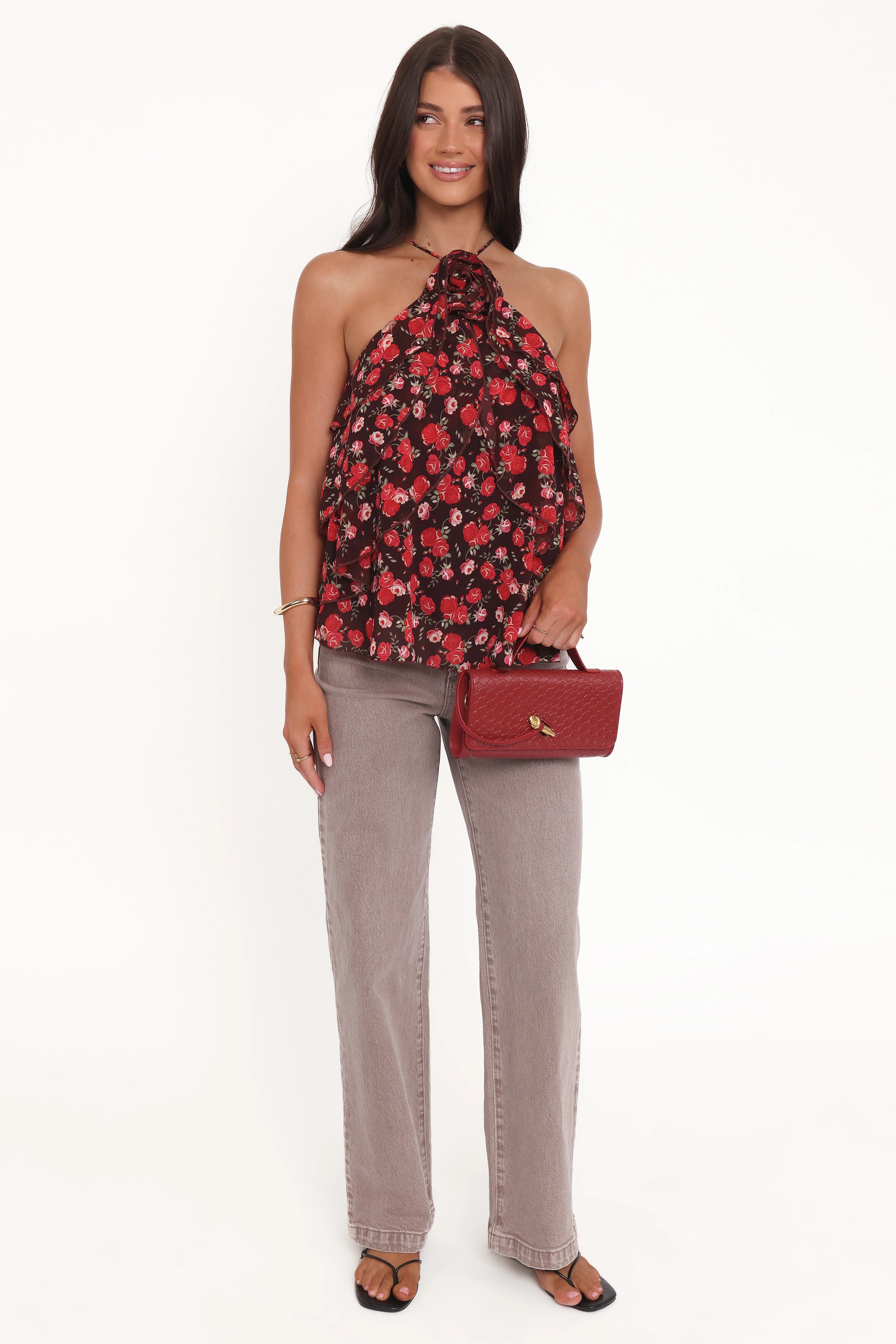 Zorina Halter Neck Chiffon Top Brown Floral