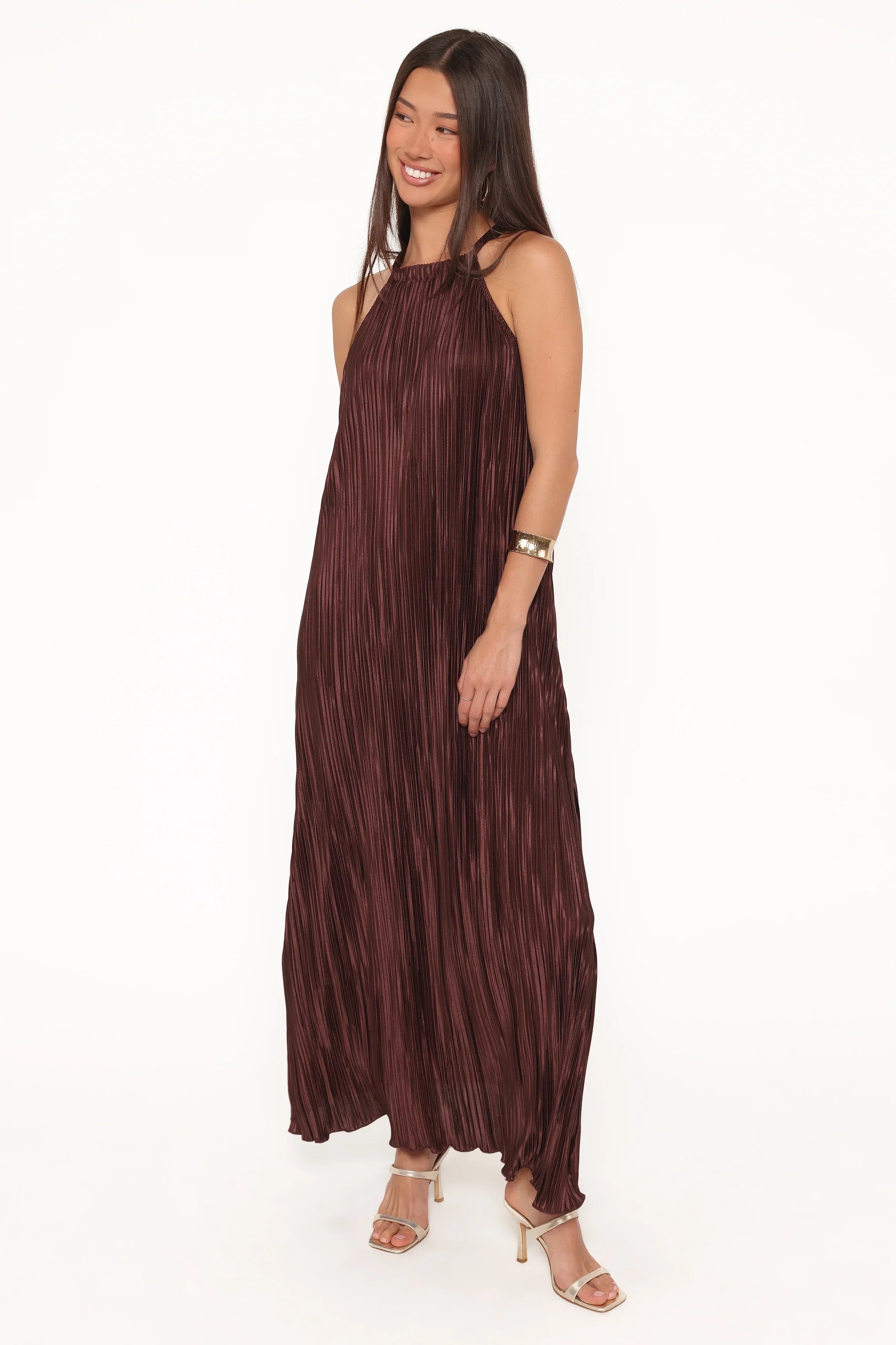 Melody Plisse Halter Maxi Dress Brown