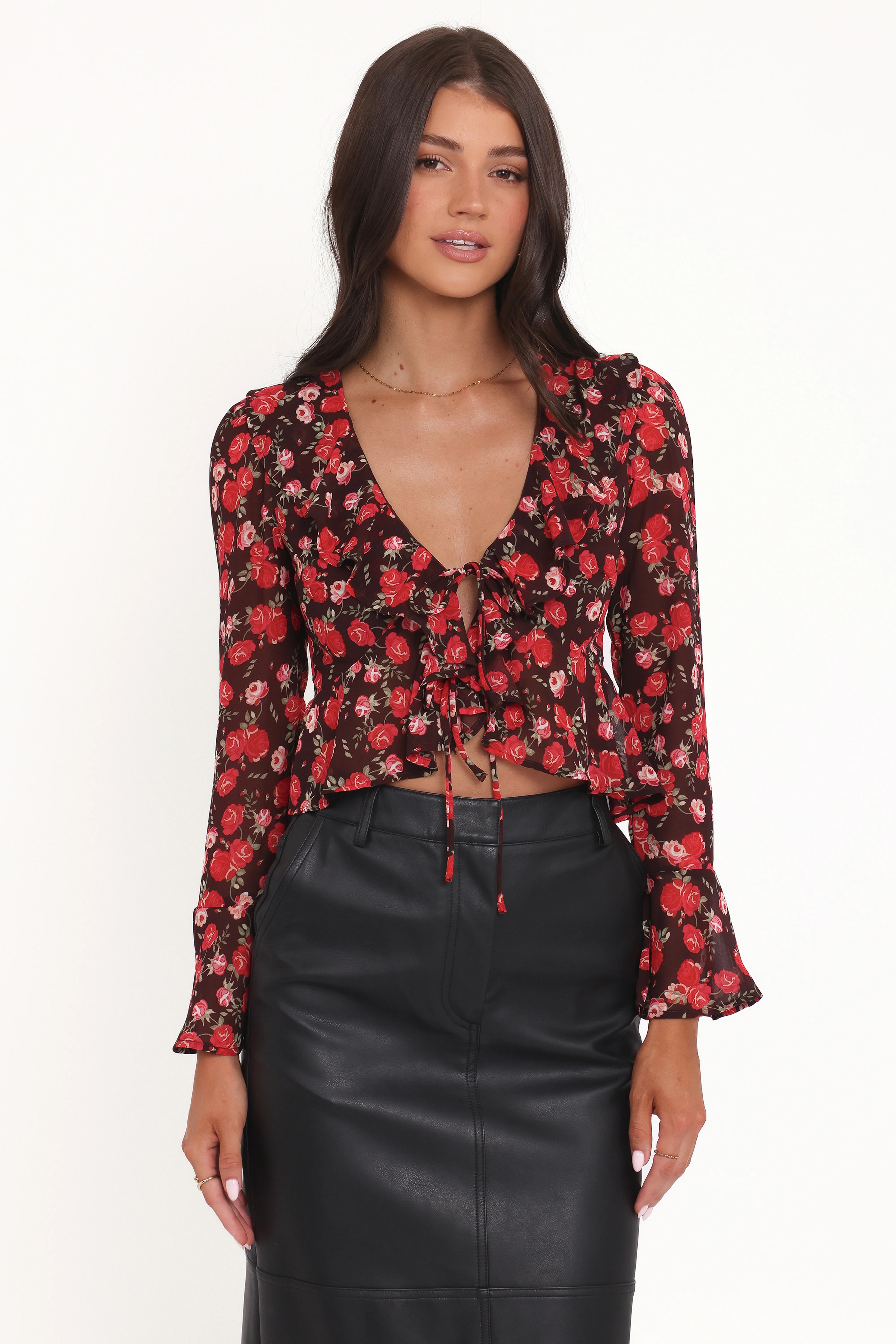 Aveline Chiffon Ruffle Front Top Brown Floral