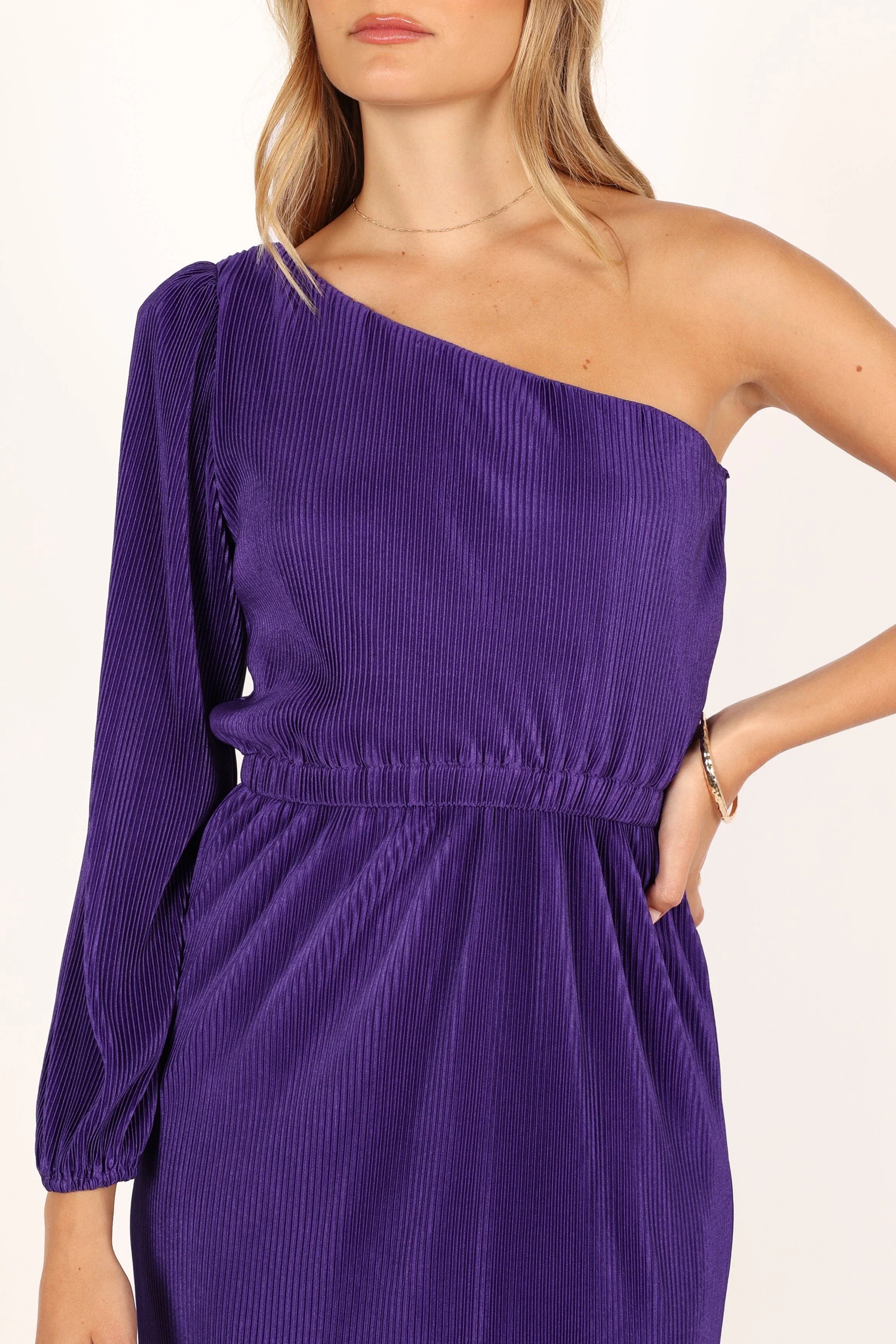 Pontee One Shoulder Pleated Midi Dress Purple