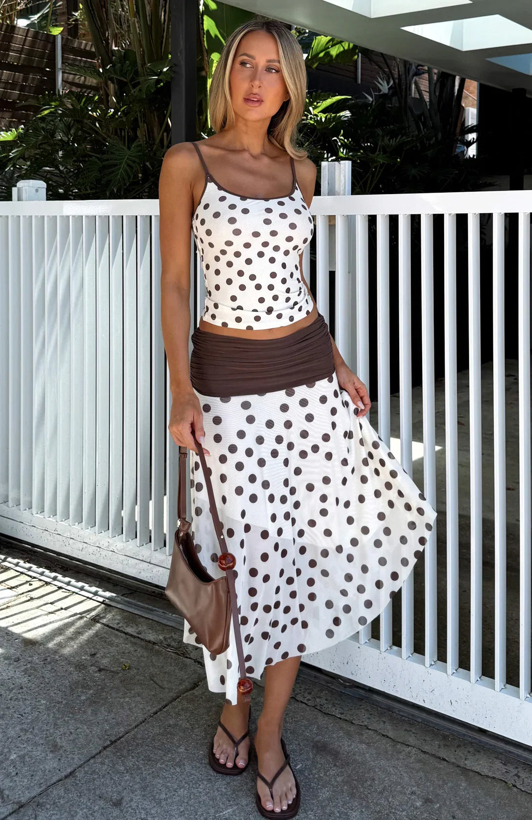 Mediterranean Mirage Midi Skirt Cream Choc Polka Dot